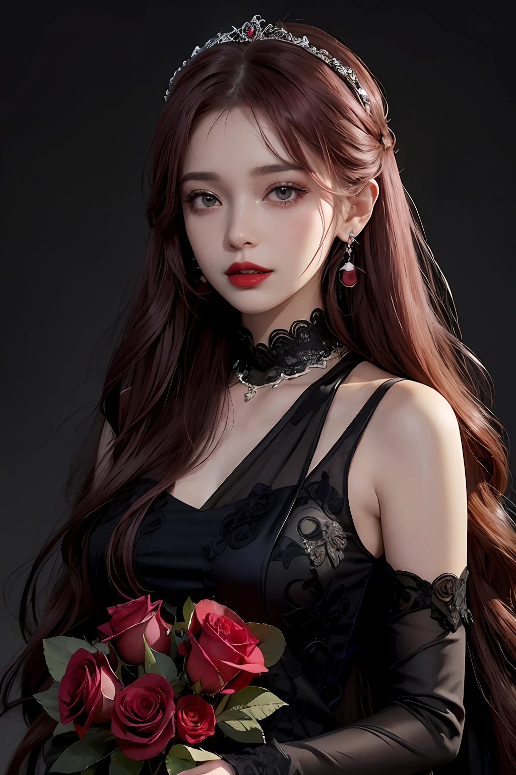 A girl with long hair，Wear red lipstick，Roses are worn on earrings，Wearing a white dress，A pink-haired，The background is bright