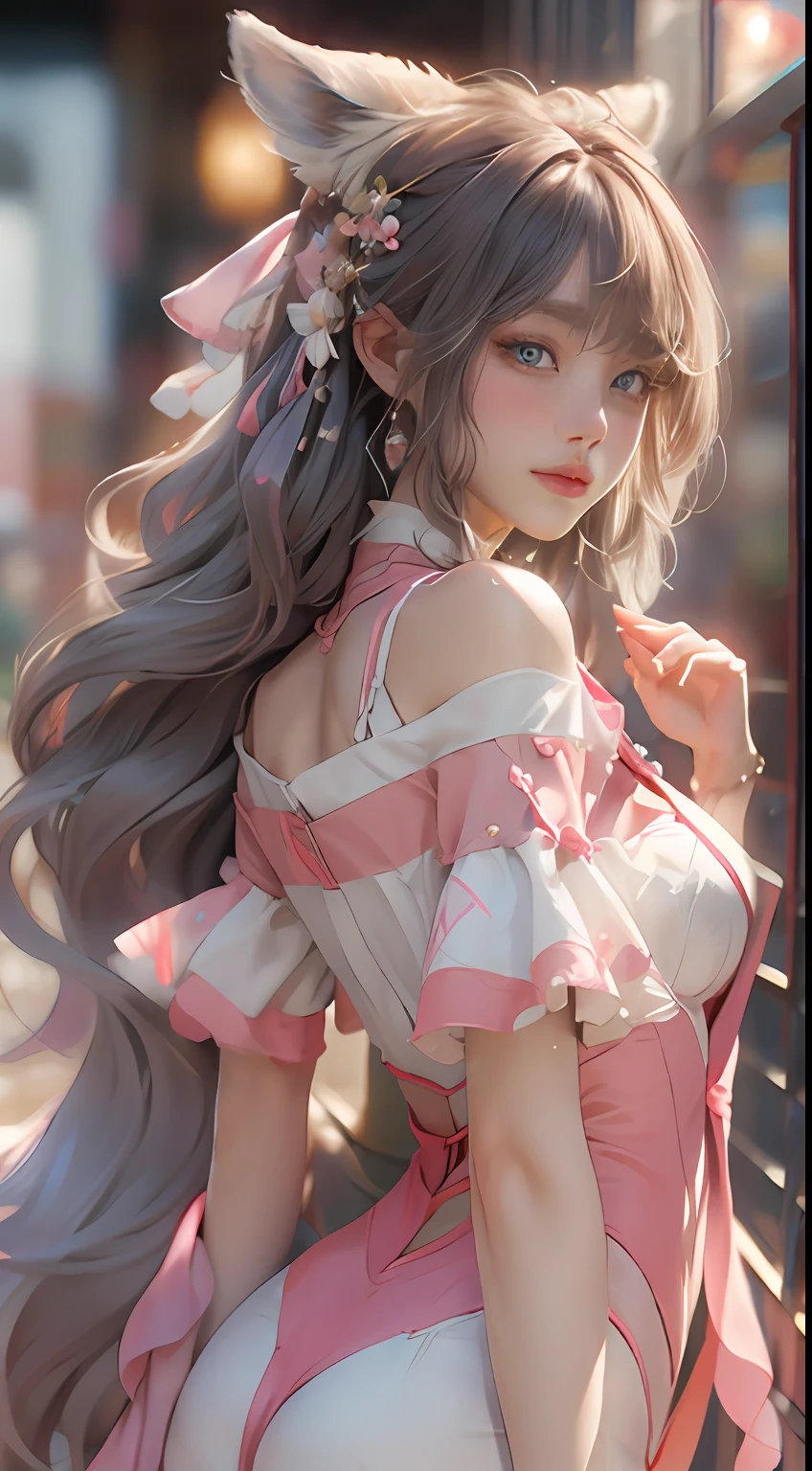 （（best qualtiy））， （（tmasterpiece））， （detail：1.4）， Beautiful cyberpunk female images，hdr（HighDynamicRange），Ray traching，NVIDIA RTX，Hyper-Resolution，illusory 5，sub surface scattering，PBR textures，post-proces，Anisotropy Filtering，depth of fields，maximum definition and sharpness，Many-Layer Textures，Albedo e mapas Speculares，Surface coloring，Mitsu-Accurate simulation of material interactions，perfectly proportioned，rendering by octane，Two-colored light，largeaperture，Low ISO，White balance，Rule three points、8K raw data、Beautiful bright blue pupils，off-the-shoulder clothes，Fine pupils，Delicate face and eyes，long eyelasher，Blushlush，Delicate and fluffy hair，pink lip，Pure，Cute face，Sweet girl，Artistic sense，Casual wear，Advancedsense，butterflys，Cherry blossom petal，Beautiful hair accessories，Long hair and waist，Hair fluttering in the wind，Snow-white fox ears，curlies，Snow-white fluffy tail，Positive light，The light from the back window is backlighted