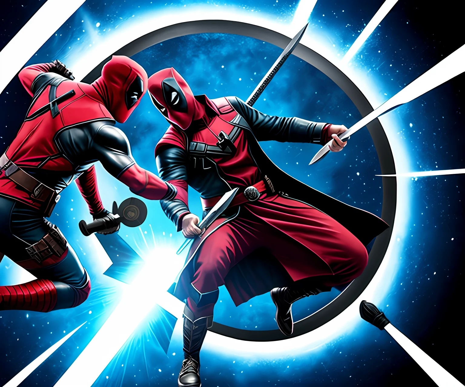 Doctor Strange and Deadpool are fighting,Deadpool with a knife,Doctor Strange blocks Magic Shield to block Deadpool's knife,At the same time, He held a magic sword in his other hand and prepared to attack,Deadpool moves as a jumping split,