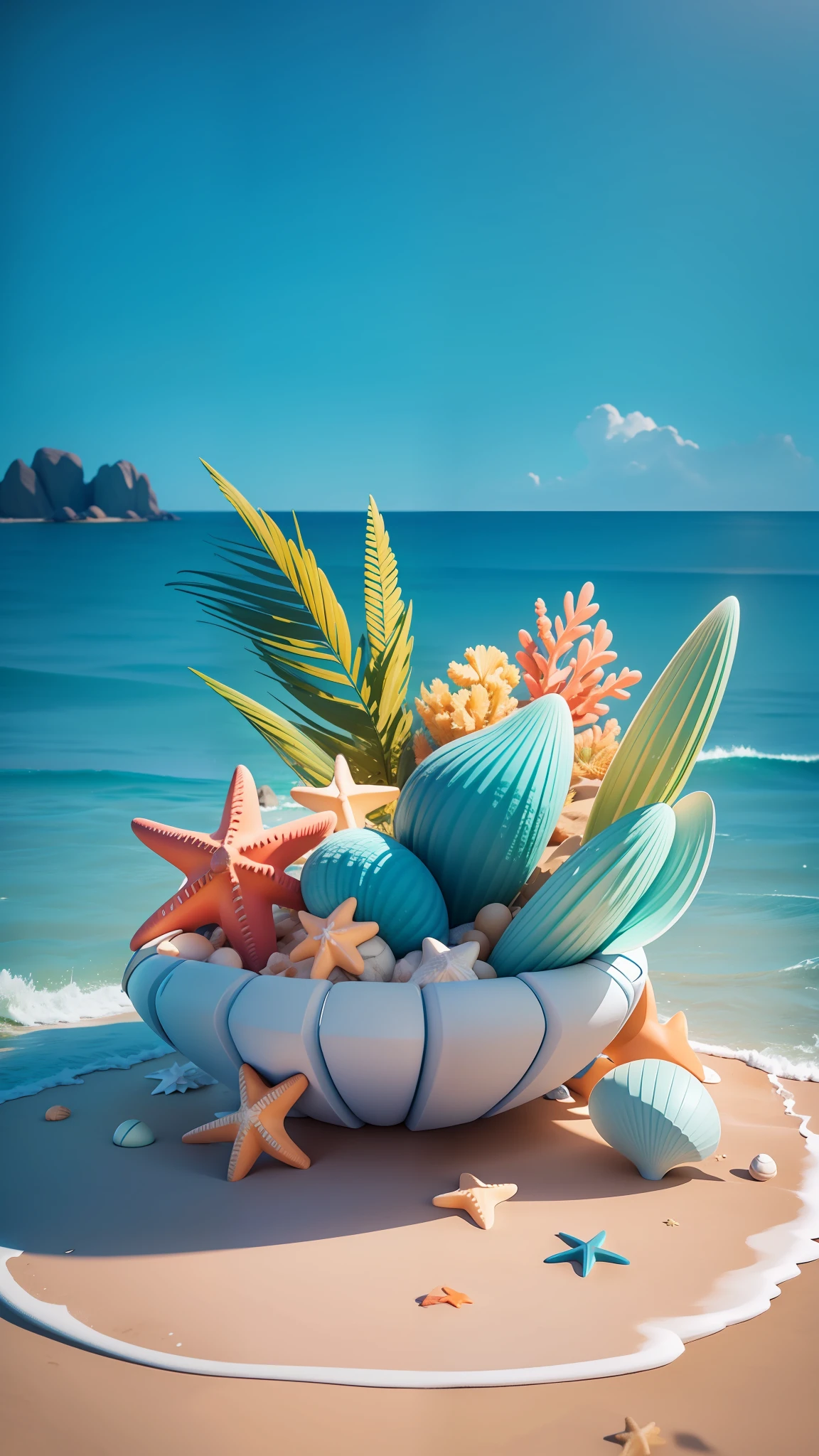 Beach Ocean, Seashells, Starfish, Summer Freshness, 3 D Render Stylized, Stylized 3D Rendering, Stylized to 3D Rendering, Rolands Zilvinski 3D Rendered Art, 3D Stylized Scenes, Relaxation Concept Art, Stylized Concept Art, (Octane Rendering) Fantasy Style, Stylized 3 D