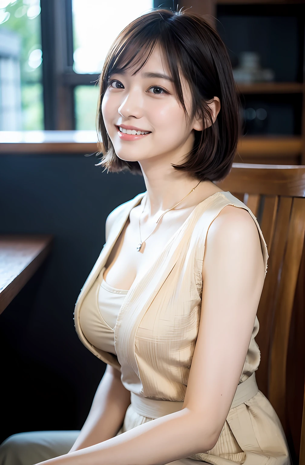 ((8K:1.27)、top-quality、masterpiece、超A high resolution:1.2)Photo beautiful Chinese woman(pleasing:1.1) (The shirt:1.21) Elegance、There is a good、Gradient lighting、1girl in、Delicate skin、Look here、Brown-eyed、(short hair with bangs:1.2)、(breasts are large:1.0)、(medium areola:0.8)、(realisitic:1.4)、(top-quality:1.0)、(超A high resolution:1.0)、8K、Raw photography、(masterpiece:0.2)、(pureerosface_v1:0.5)、 Light beige clothing、pleatedskirt、Sleeveless、a necklace、Kamimei、date、excited expressions、Red cheeks、want me、Staring at this、subject、Lean、Look here、cafes、sit a chair、Laugh、Futomo、sandal、Beautiful thighs、Kinda chubby、Beautiful thighs、