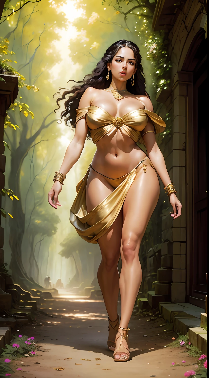 Barbara Mori, beautiful, completely naked, voluptuous, walking in a forest, full body view, head to toe, breasts and pubic hair visible, brown braided hair, gold bangles , flowers in hand, ancient ruins in background, front view, daylight, realistic, shade lights, high resolution, by Louis Royo, by Boris Vallejo, by Frank Frazetta