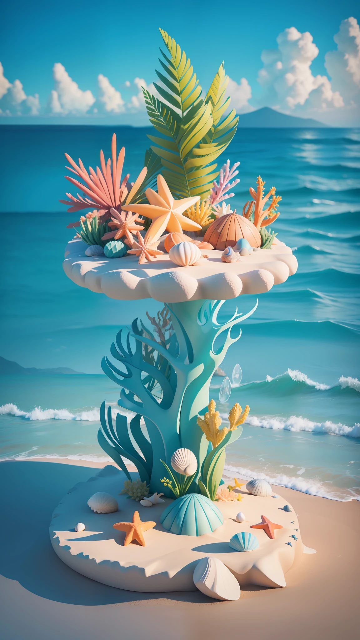 Beach Ocean, Seashells, Starfish, Summer Freshness, 3 D Render Stylized, Stylized 3D Rendering, Stylized to 3D Rendering, Rolands Zilvinski 3D Rendered Art, 3D Stylized Scenes, Relaxation Concept Art, Stylized Concept Art, (Octane Rendering) Fantasy Style, Stylized 3 D