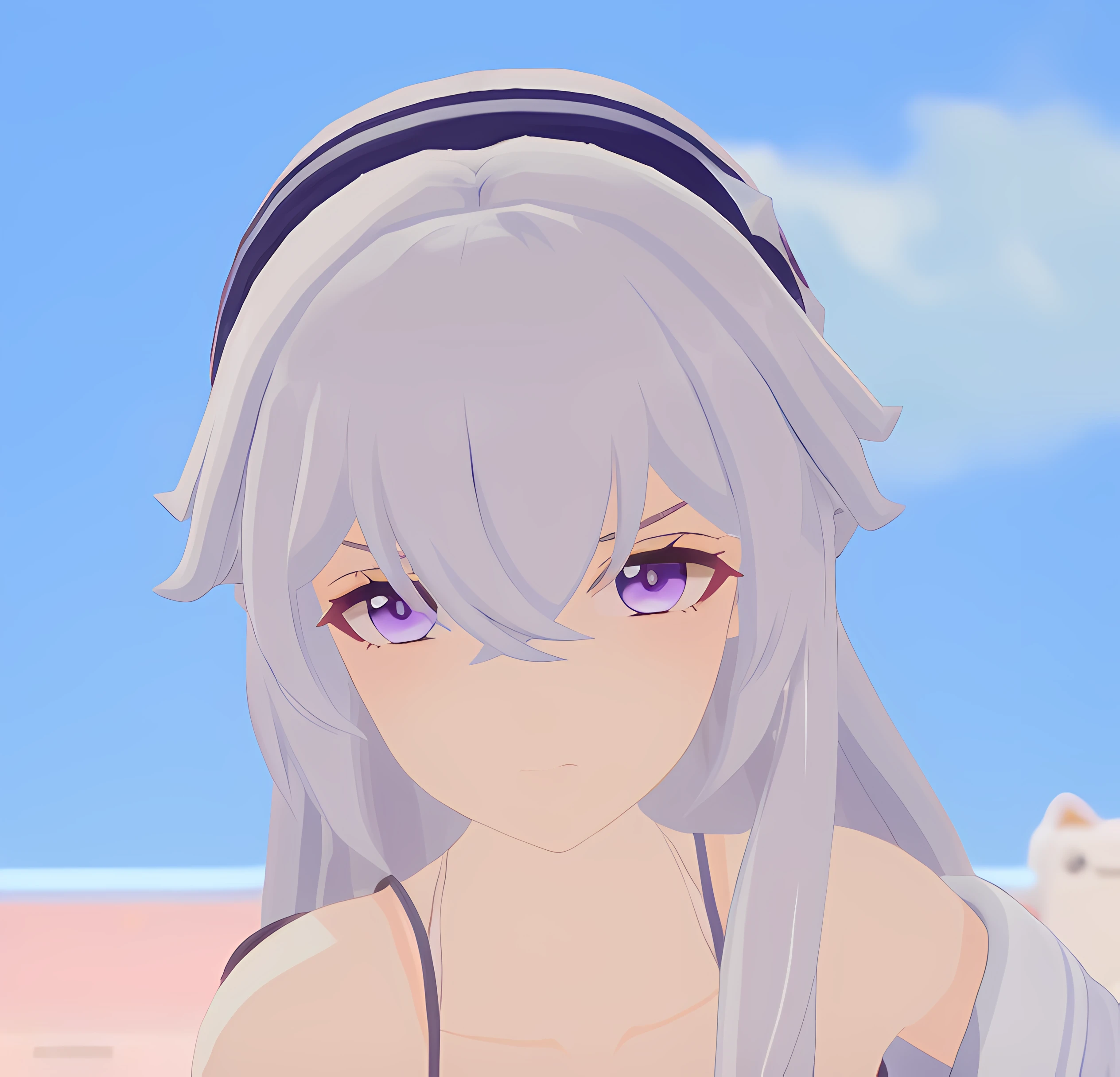 Anime girl with long gray hair and headband standing on the beach, Stylized anime, Anime style. 8K, Anime Stylization, anime styled 3d, close up of a young anime girl, flat anime style shading, Anime moe art style, style of anime4 K, render of a cute 3d anime girl, Detailed anime soft face, close up character