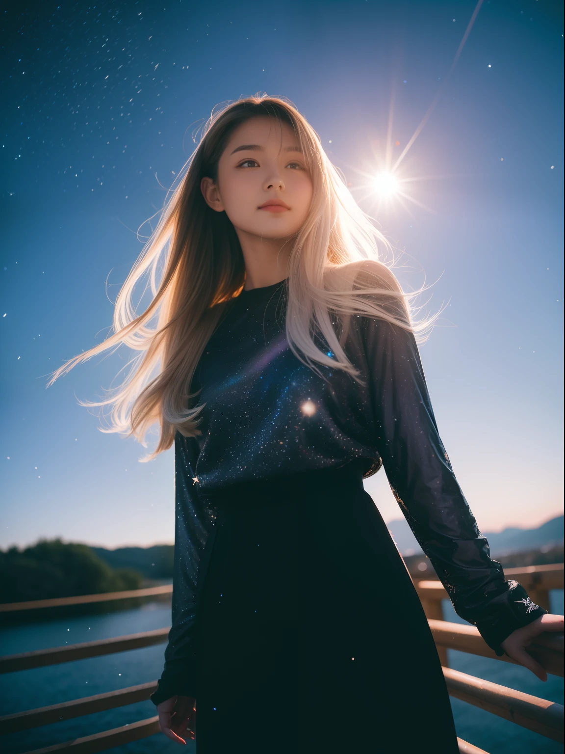 1girl,star_\(sky\), starry_sky, night, shooting_star, night_sky, space, milky_way, 1girl, sky, mecha, long_hair, weapon, snowing, galaxy, light_particles, constellation, space_craft, aurora, white_hair, armor, photography, masterpiece, best quality, 8K, HDR, highres, absurdres:1.2, Kodak portra 400, film grain, blurry background, bokeh:1.2, lens flare, (vibrant color:1.2),gril.