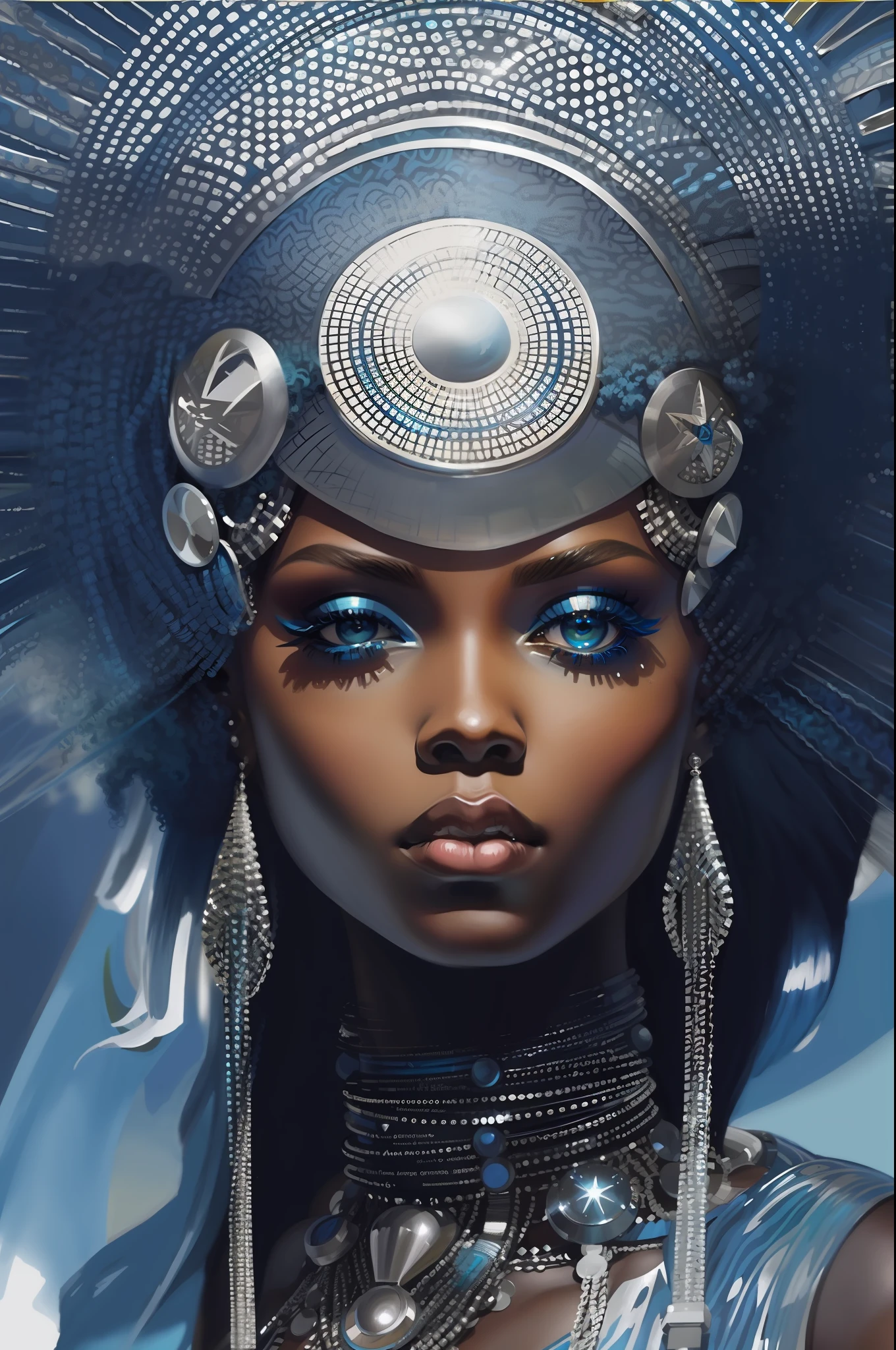 um close up de uma mulher usando um cocar azul e um vestido azul, afrofuturismo, estilo afrofuturismoo, Ross | afrofuturismo, afrofuturista, Afrofuturista, futurismo afro, pele escura deusa feminina do amor, Um retrato impressionante de uma deusa, afro futurista, anime afrofuturismoo, Retrato de uma deusa das trevas, Retrato de Ororo Munroe