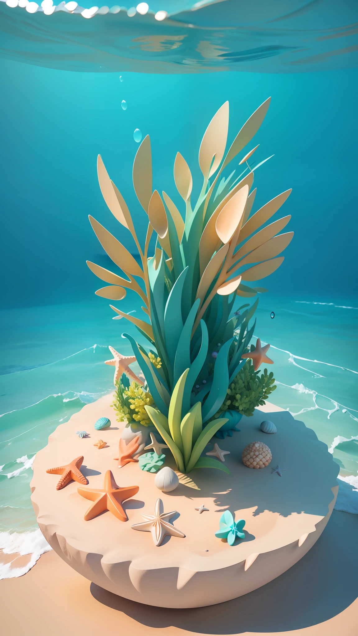 Beach Ocean, Seashells, Starfish, Summer Freshness, 3 D Render Stylized, Stylized 3D Rendering, Stylized to 3D Rendering, Rolands Zilvinski 3D Rendered Art, 3D Stylized Scenes, Relaxation Concept Art, Stylized Concept Art, (Octane Rendering) Fantasy Style, Stylized 3 D