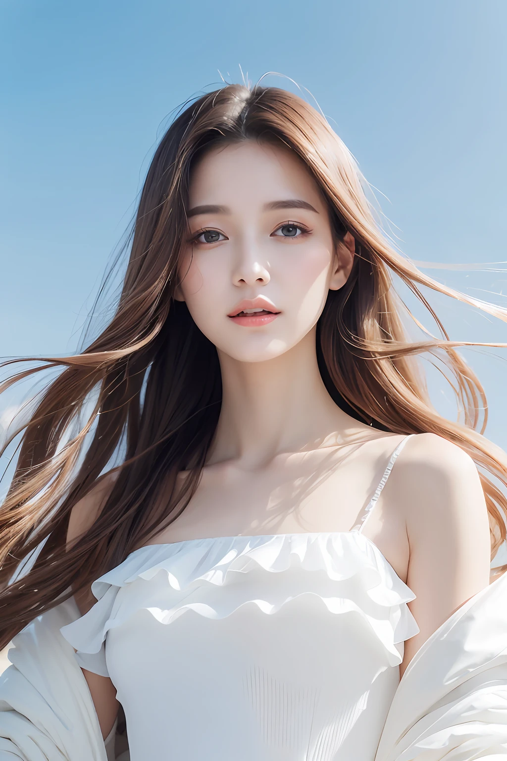 there is an ancient palace beside the girl, a extremely delicate and beautiful girl, photorealistic, incredibly absurdres, Abstract art, Show from the hips to the shoulders, grabbing, extremely detailed body, woman, young,20 years old, very long hair, floating hair, light brown hair, two-tone hair, beautiful detailed hair, delicate beautiful face, light smile, clear eyes, parted_lips, black eyes, neck_ribbon, frilled_dress, jacket, white Clothes, floating palace, beautiful and clear background, beautiful sky, bloom, very precise detailed, absurdres, extremely CG,