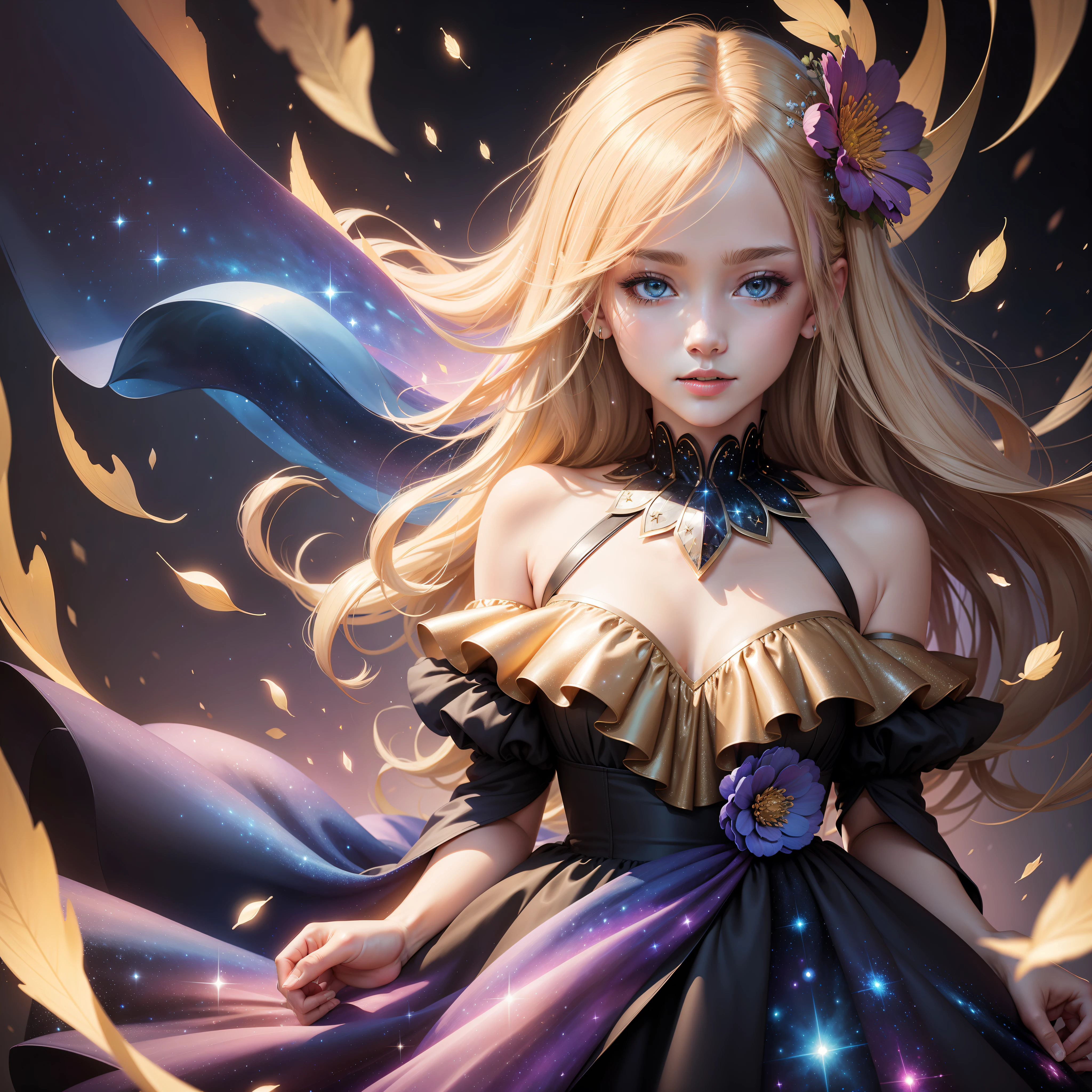(best quality, masterpiece), 1girl, galaxy, glitter, dress, particle, wind, flower, upper body, dark simple background, looking at viewer, blonde,