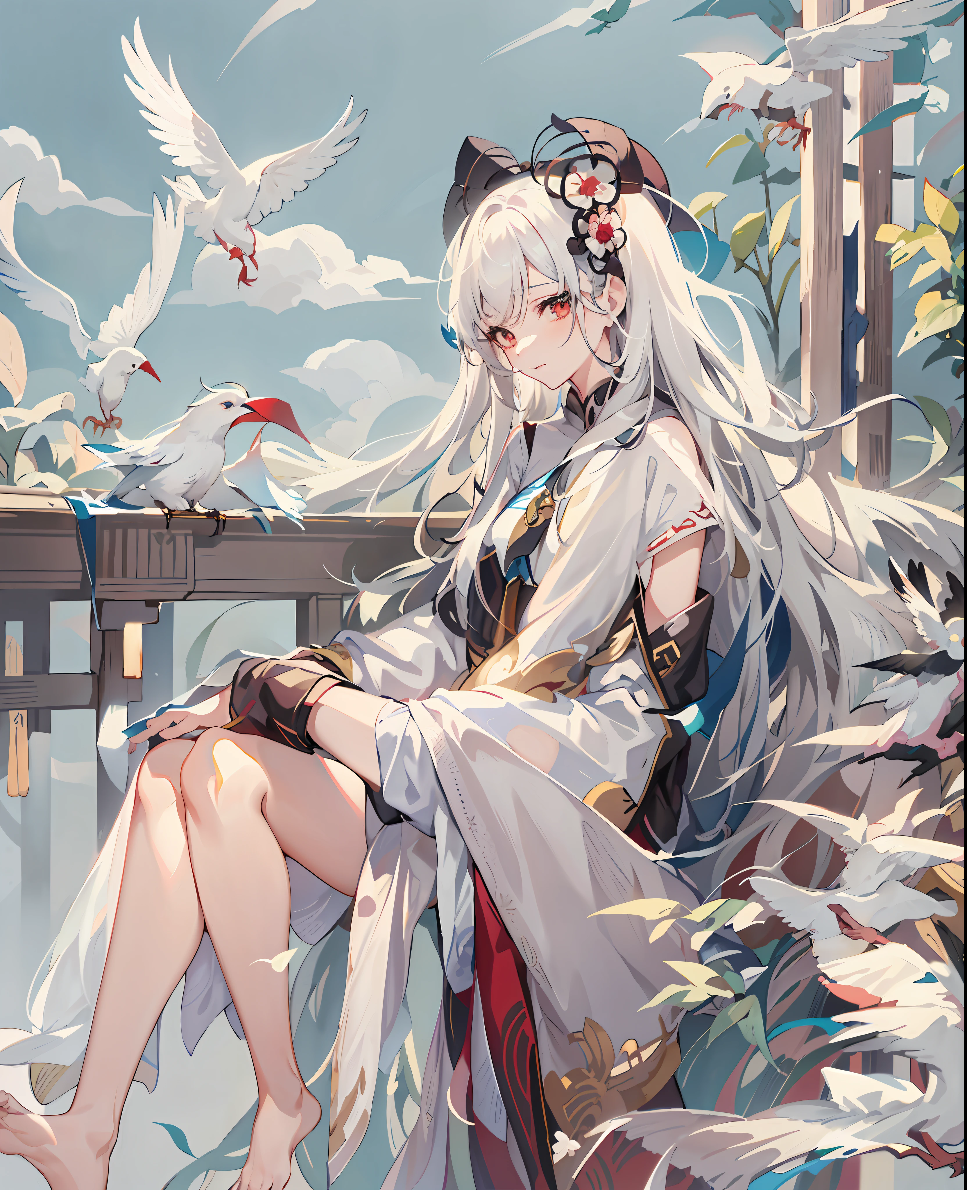 Anime boy sitting on a bench, birds flying around her, white-haired god, Guwiz, flowing white robe, Ye Xin, beautiful character painting, long white hair, Guvitz-style artwork, Yang J, inspired by Bian Shoumin, white long hair, Keqing from Genshin impact, white Hanfu