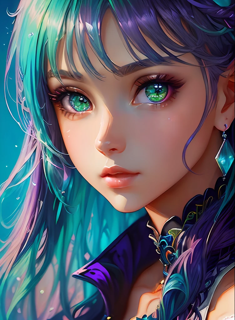 ((top-quality)), ((masterpiece)), ((realisitic)), (detaileds),animesque、anime styled、 (1人の女性)Earrings only accessories、Close up portrait of woman with greenish-purple hair color、Beautiful shining eyes, Like crystal clear glass、Casual sleeveless without collar、Summer clothes、4K high-definition digital art、stunning digital illustration、Stunning 8K artwork、colorfull digital fantasy art、Colorful and bright、beautiful digital works of art、Colorful Digital Anime Art、Portrait of beautiful woman、8K HD Digital Wallpaper Art、 Gorgeous Digital Painting