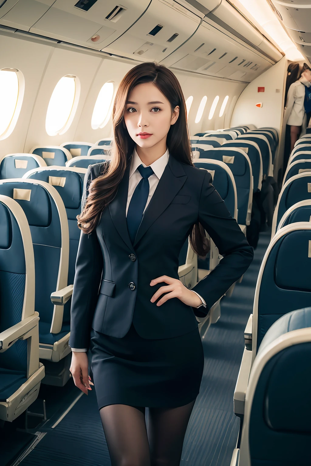 best quality, masterpiece, 8k, ultra high res, (photorealistic:1.4), highly detailed, intricate detail, delicate and beautiful, good lighting, professional lighting, sharp focus, detailed shadows, exquisite details and textures, depth of field, unity 8k wallpaper, cinematic composition, cinematic lighting, official art, Cabin Crew, flight attendant, black pantyhose, (aircraft, (Aircraft Corridor), Aircraft seats) beautiful elegant face, detailed face, detailed eyes, realistic hair, long hair, (1girl), (standing:1.3),