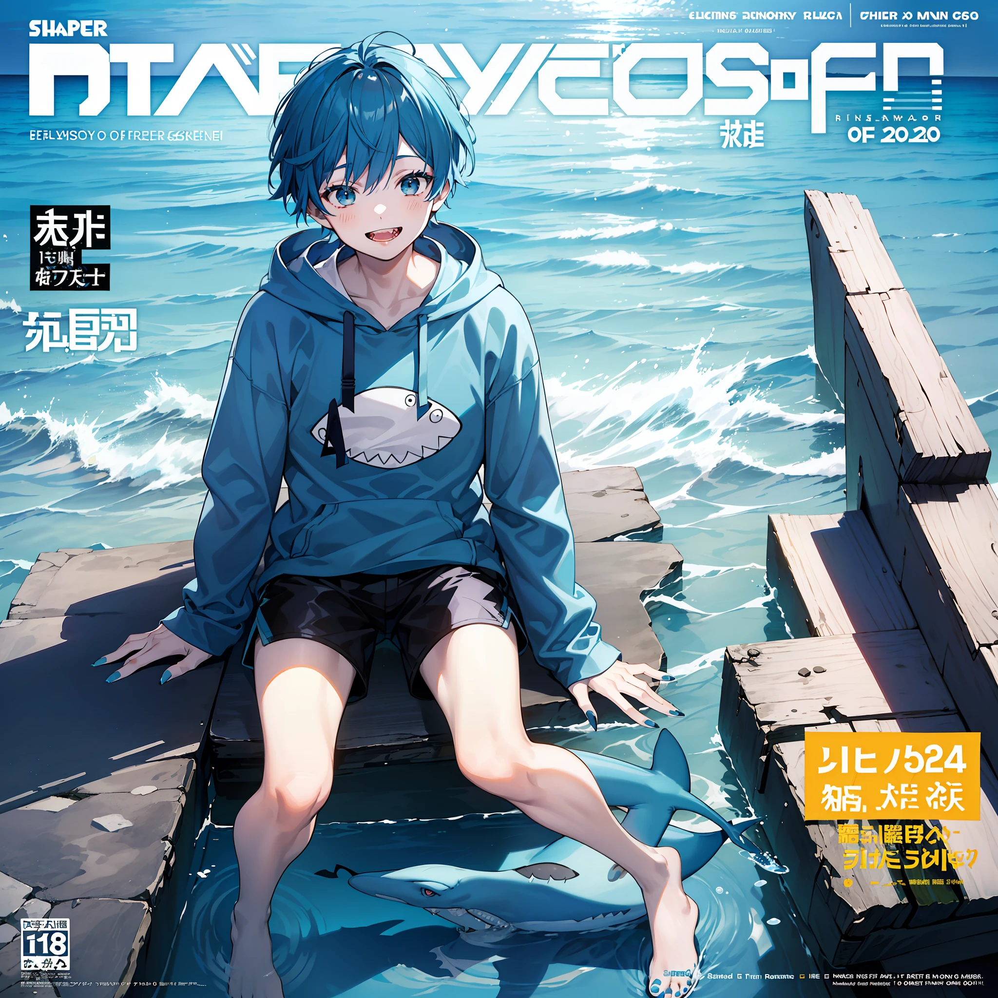 masterpiece, best quality, full body, (1boy), (Wearing a blue shark tail hoodie), (boy smiling sharp teeth), (Boy Messy Japanese Round Haircut for Thick Hair), (blue nails), (blue hair), black shorts, ((solo)), (magazine:1.3), (cover-style:1.3), fashionable, under the ocean, underwater city