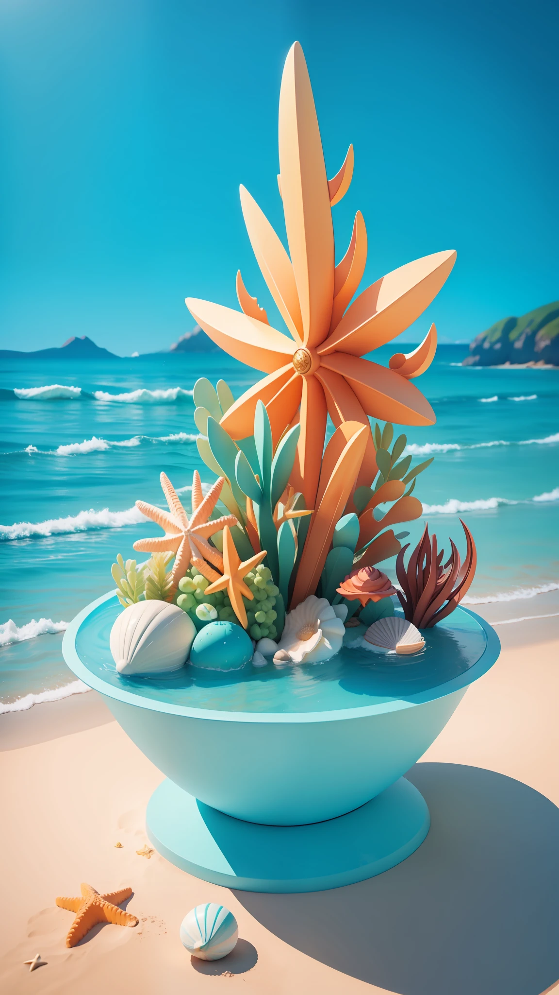 Beach Ocean, Seashells, Starfish, Summer Freshness, 3 D Render Stylized, Stylized 3D Rendering, Stylized to 3D Rendering, Rolands Zilvinski 3D Rendered Art, 3D Stylized Scenes, Relaxation Concept Art, Stylized Concept Art, (Octane Rendering) Fantasy Style, Stylized 3 D
