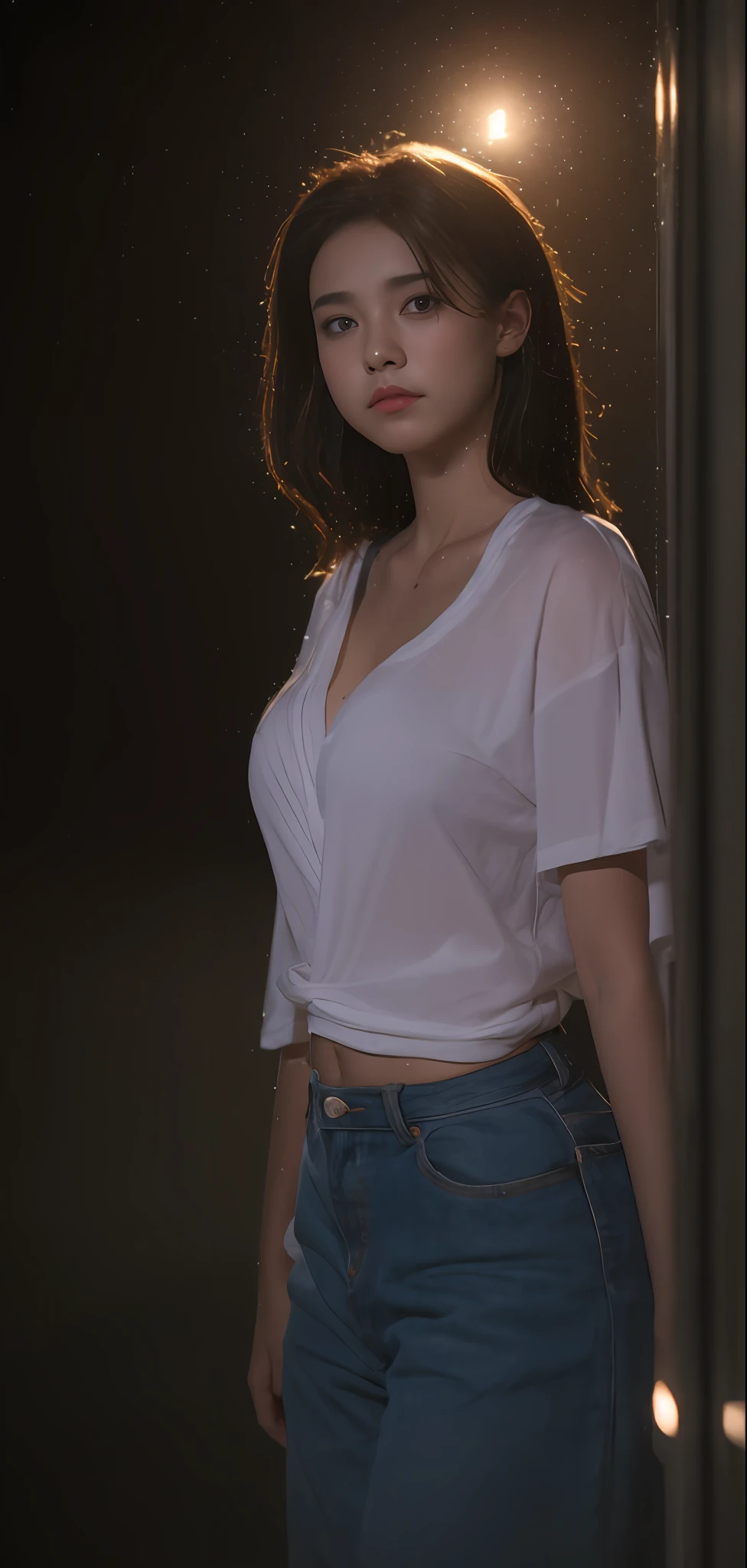 1girl, 18 years old, mix4, (8k, RAW photo, best quality, masterpiece:1.2), (realistic, photorealistic:1.37), cute, night, rain, humid, professional lighting, photon mapping, radiosity, physically based rendering, ultra high resolution, (medium breast: 1.2)