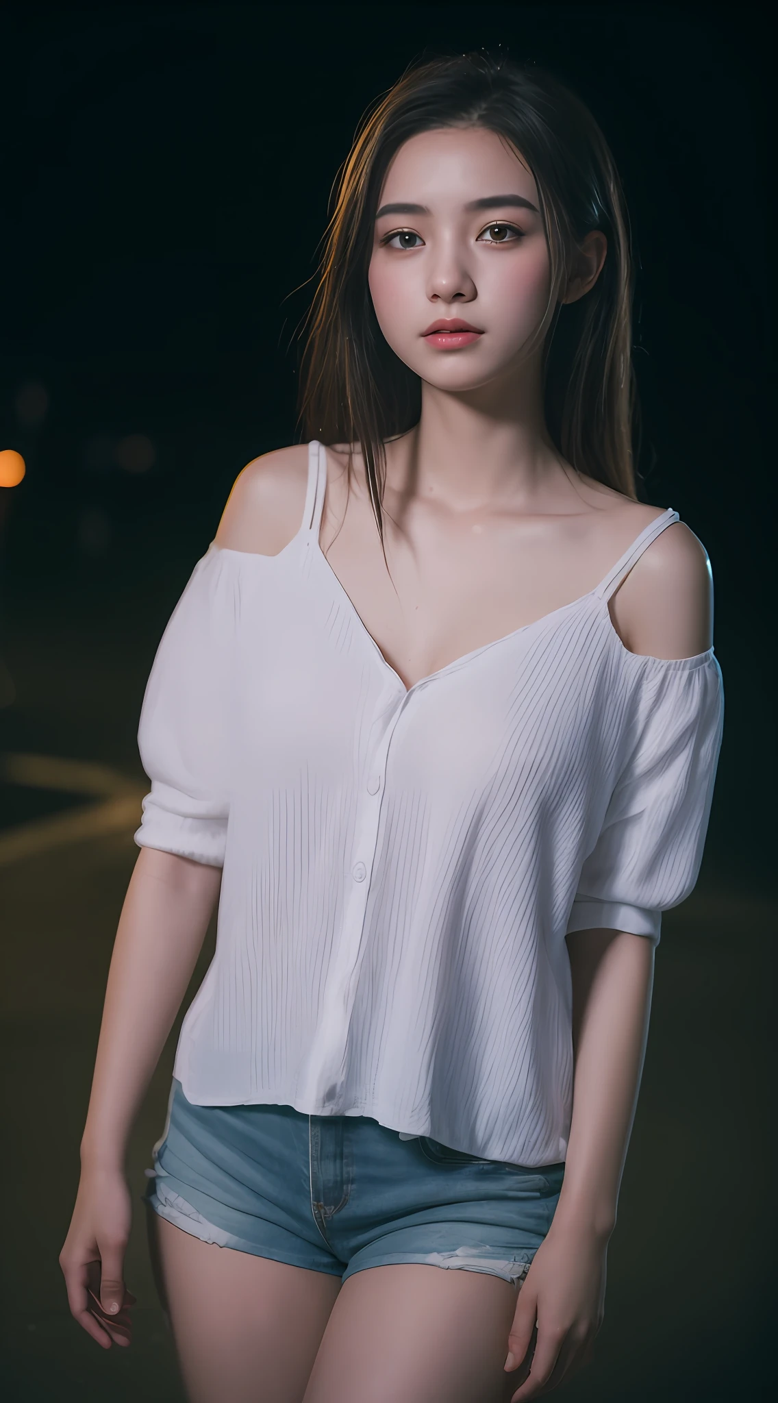 1girl, 18 years old, mix4, (8k, RAW photo, best quality, masterpiece:1.2), (realistic, photorealistic:1.37), cute, night, rain, humid, professional lighting, photon mapping, radiosity, physically based rendering, ultra high resolution, (medium breast: 1.2)