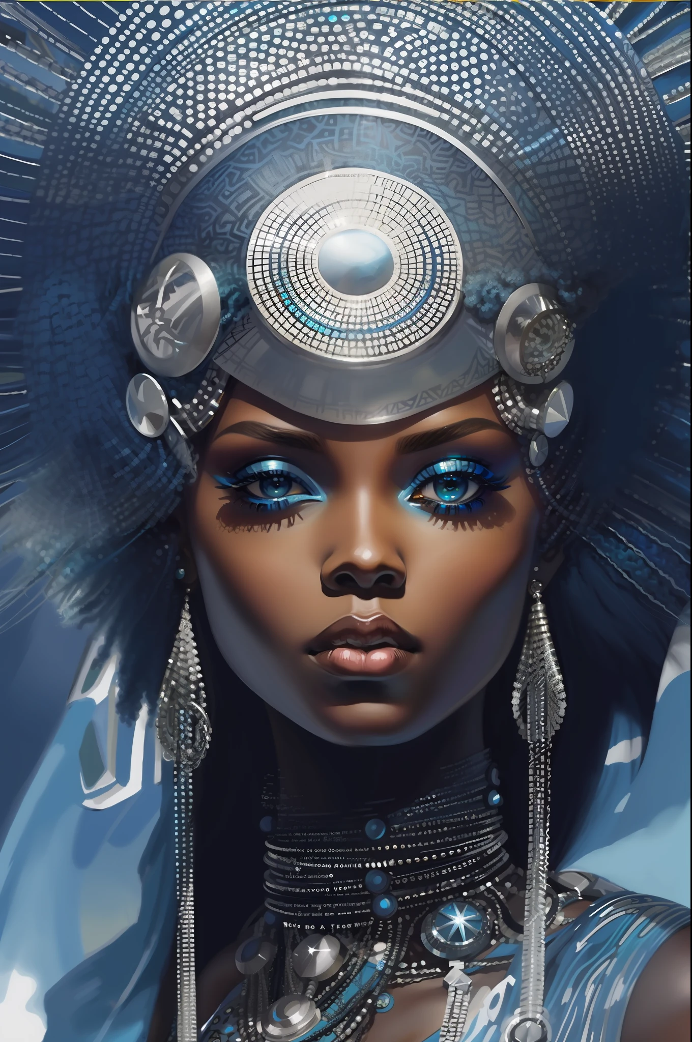 um close up de uma mulher usando um cocar azul e um vestido azul, afrofuturismo, estilo afrofuturismoo, Ross | afrofuturismo, afrofuturista, Afrofuturista, futurismo afro, pele escura deusa feminina do amor, Um retrato impressionante de uma deusa, afro futurista, anime afrofuturismoo, Retrato de uma deusa das trevas, Retrato de Ororo Munroe