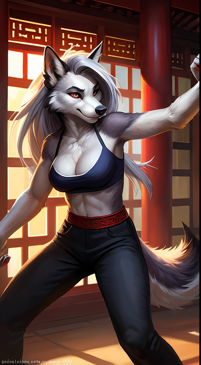 uploaded to e621, raw photo, realistic, anthro, detailed face, detailed fur, high resolution, beautiful and detailed portrait of Helluva Boss, Loona Hellhound, Loona, kenket, Ross Tran,ruan jia, uploaded to e621, zaush, foxovh, cenematic lighting, Chinese temple bl, small breast, whole body, beautiful, more combative face, solo, 1girl, kung fu clothes, fight pose