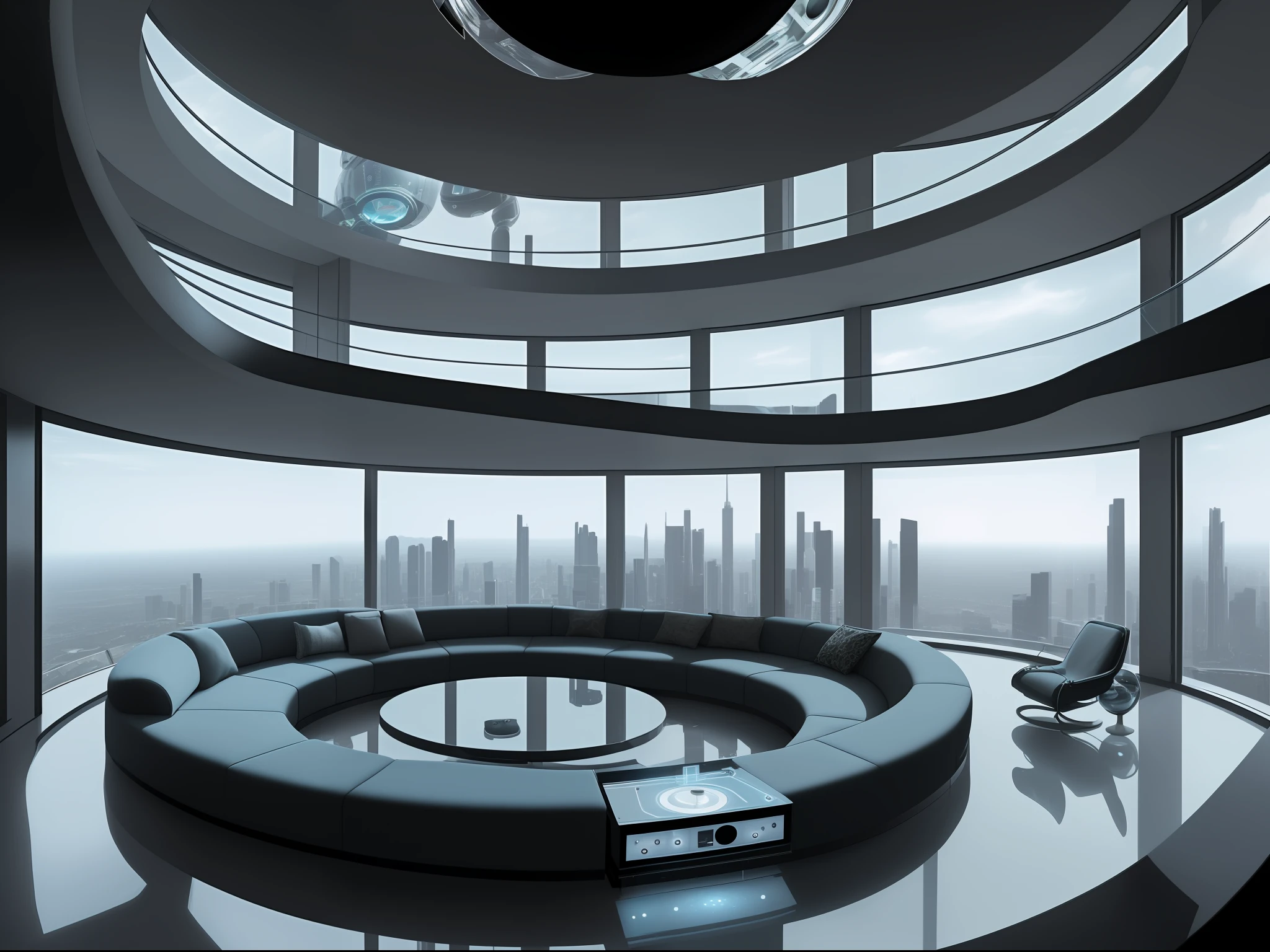 8k, (masterpiece,best quality: 1.2) a close up of a circular couch in a living room, conversation pit, ((sunken seating area: 1.35)), futuristic decoration, high-tech electronics, stunning-design, futuristic looking living room, panoramic anthracite french doors with solar crush film on the glass along three complete directional aspects, holographic television,