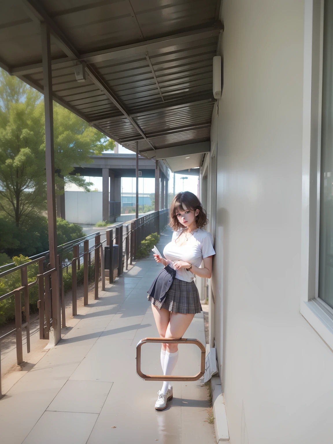 nsfw, 8K raw photo, Best quality, masterpiece, ultra high res, film grain, filmg, 1girl, looking at viewer, natural skin texture, realistic eye and face details, full lips, lipstick, (makeup), red eyeshadow, fluffy short hair, messy hair, smile, close mouth, beautiful legs, tall female, skinny, slim_legs, solo, enormous breast, cleavage, Pose with buttocks facing you, ultra short skirt, ass, shirt, beautiful nature location, around flower location, (detailed background), plaid skirt, white shirt, enormous breast, cleavage, Show a little cleavage through the shirt, loafers, blurry background, blurry, holding, plaid, short sleeves, jk ribbon on the neck, jk ribbon, brown hair, bracelet, water, bangs, school uniform, jewelry, parted lips, lips, from side, pleated skirt, depth of field