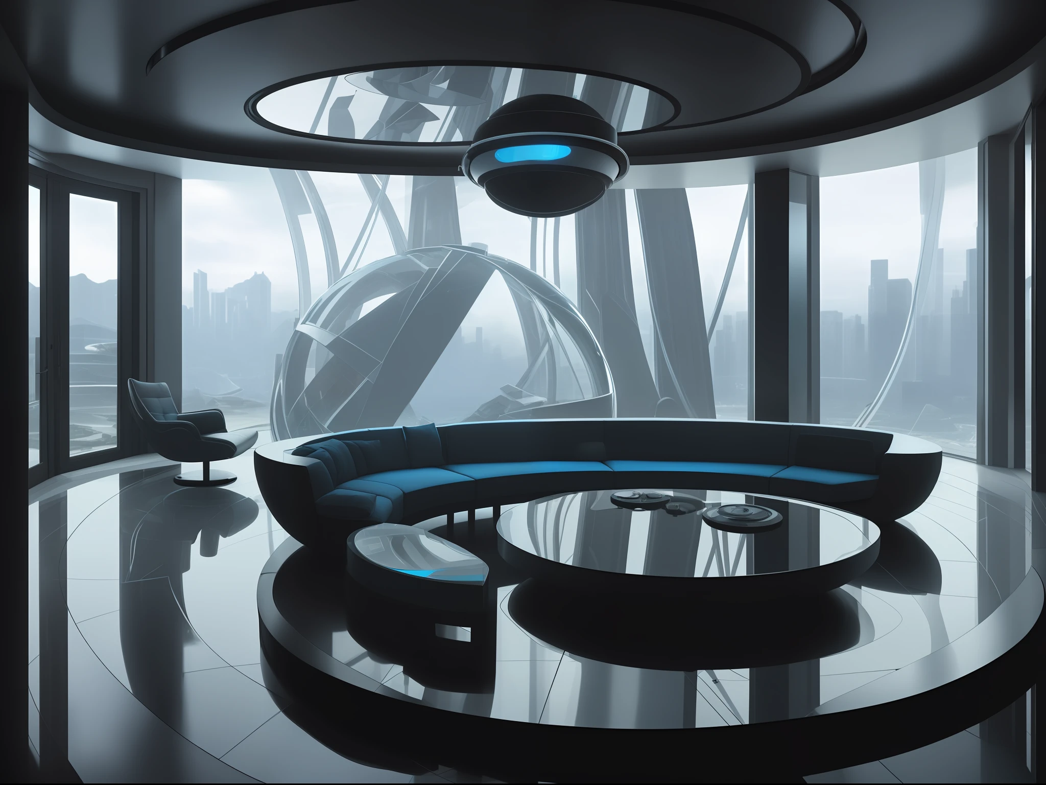 8k, (masterpiece,best quality: 1.2) a close up of a circular couch in a living room, conversation pit, ((sunken seating area: 1.35)), futuristic decoration, high-tech electronics, stunning-design, futuristic looking living room, panoramic anthracite french doors with solar crush film on the glass along three complete directional aspects, holographic television,