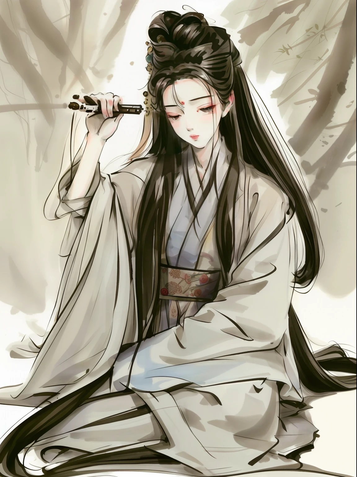 male people，A young male Taoist priest sitting on the ground with his eyes closed, flowing hair and long robes, whaite hair， A young Taoist priest in a Taoist robe, Guviz, dressed in simple robes, wearing a long flowing robe, Guviz-style artwork, Beautiful image, White Hanfu, Flowing white robe, Daoism