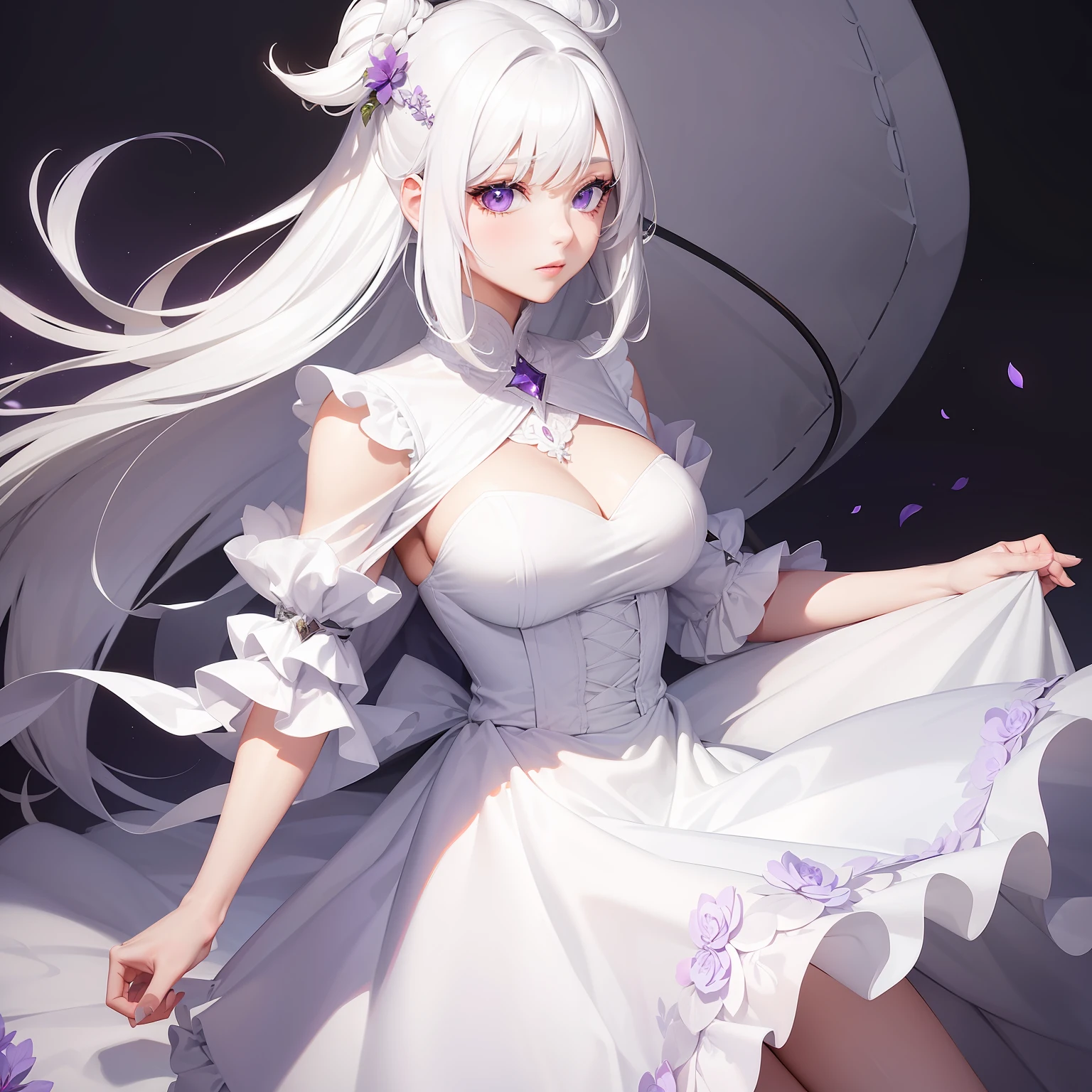 a women, white hair, purple eyes, white dress