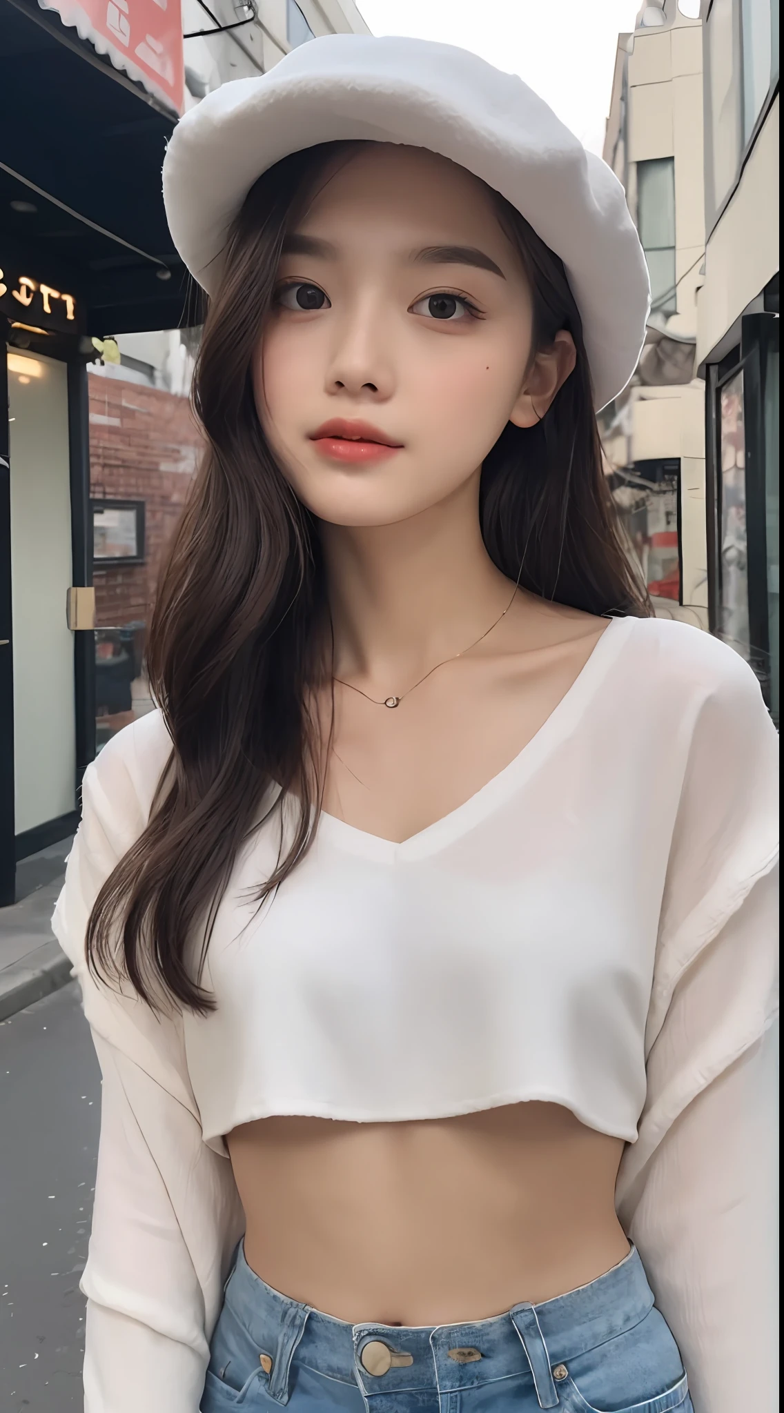 ((Best Quality, 8K, Masterpiece: 1.3)), (Flower Cap: 1.3), Focus: 1.2, Perfect Body Beauty: 1.4, (Layered Haircut: 1.2)), (Dark Street: 1.3), Highly Detailed Face and Skin Texture, Delicate Eyes, Double Eyelids, Whitened Skin, Long Hair, (Round Face: 1.5), (Loose Crop Top, Shorts: 1.6)