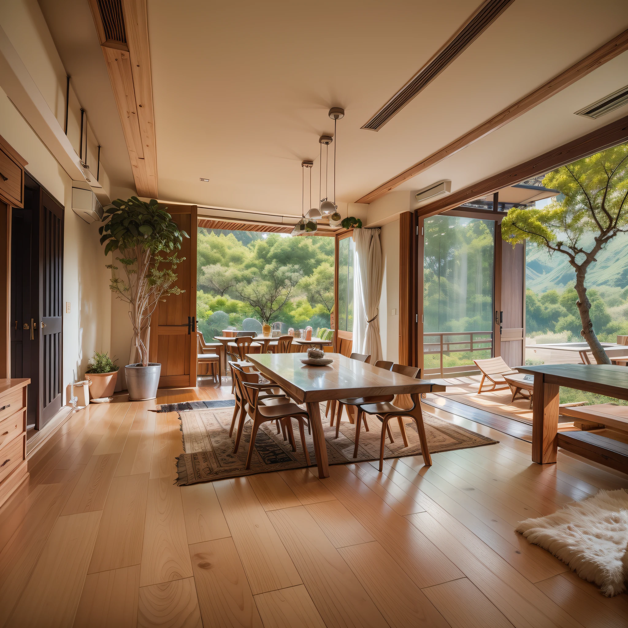 interior design、Insanely detailed wide-angle architectural photo、Cozy contemporary living room、(Bright and warm sunlight 1:0.1)、Award-winning contemporary interior design、landscapes、The table、a chair、in a house、Wooden flooring、window、resturant、east asian east asian architecture、sliding paper doors、abajour、architectural、the woods、naturey、cups、a plant、interior design、Insert lighting and shadows、depth of fields、low illuminance、