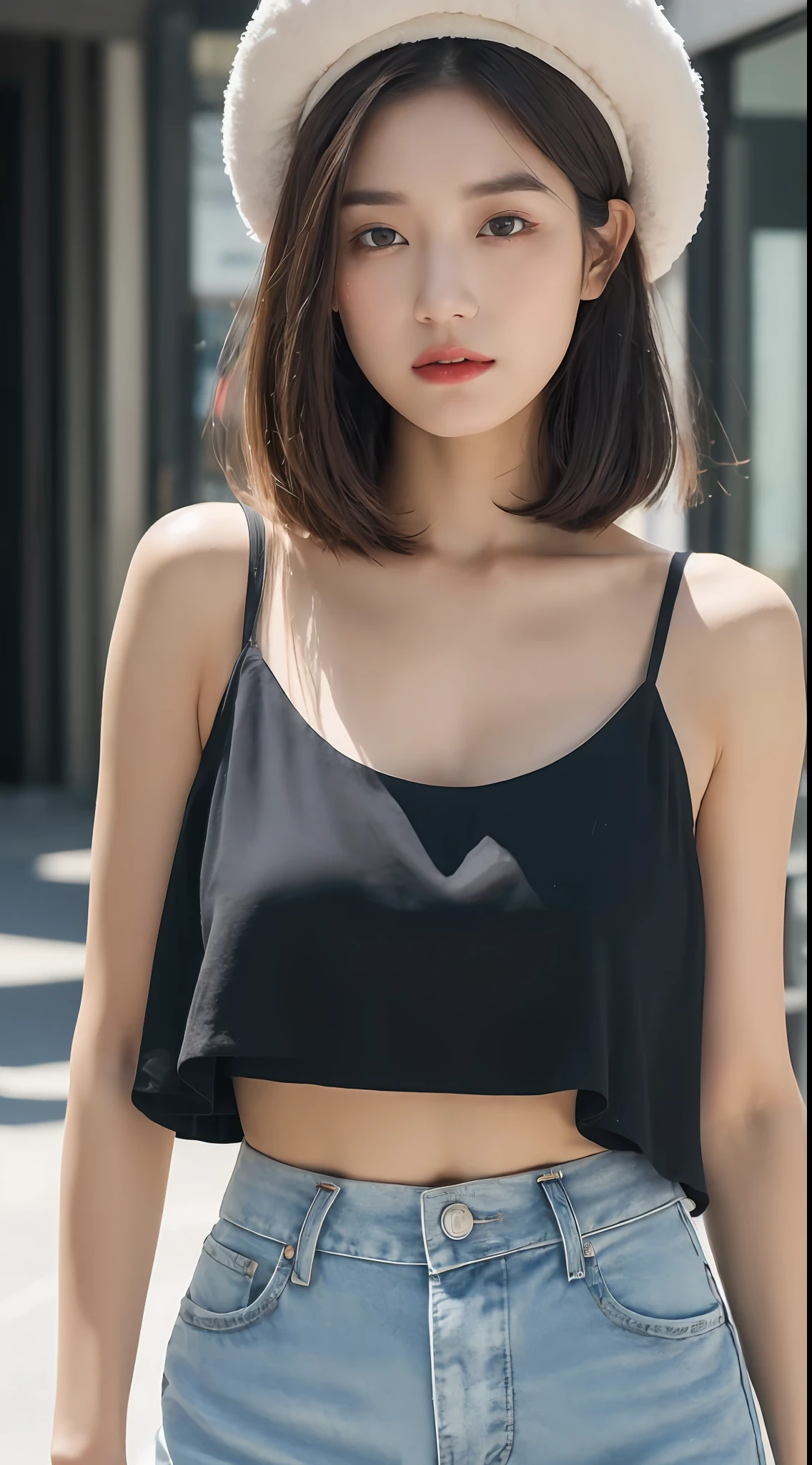 ((Best Quality, 8K, Masterpiece: 1.3)), (Flower Cap: 1.3), Focus: 1.2, Perfect Body Beauty: 1.4, (Layered Haircut: 1.2)), (Dark Street: 1.3), Highly Detailed Face and Skin Texture, Delicate Eyes, Double Eyelids, Whitened Skin, Long Hair, (Round Face: 1.5), (Loose Crop Top, Shorts: 1.6)