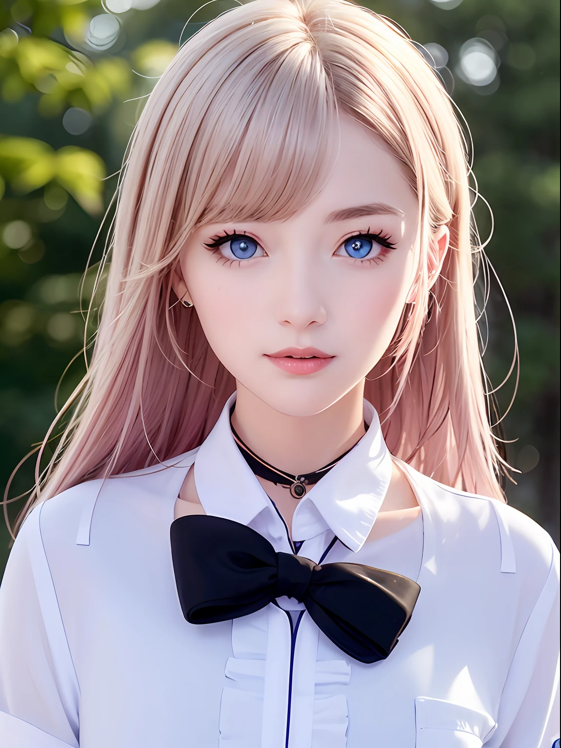 Platinum blonde hair is extra-long filamentous straight hair、porate、School uniforms、bright expression、poneyTail、young and shiny white shiny skin、Best Looks、Shiny light hair、Beautiful bangs that shine、Double eyelids、eyes liner、Big crystal clear blue eyes,Shining with a mesmerizing light、a small face、Very nice cute cute 18 year old Eastern European girl、Large bust