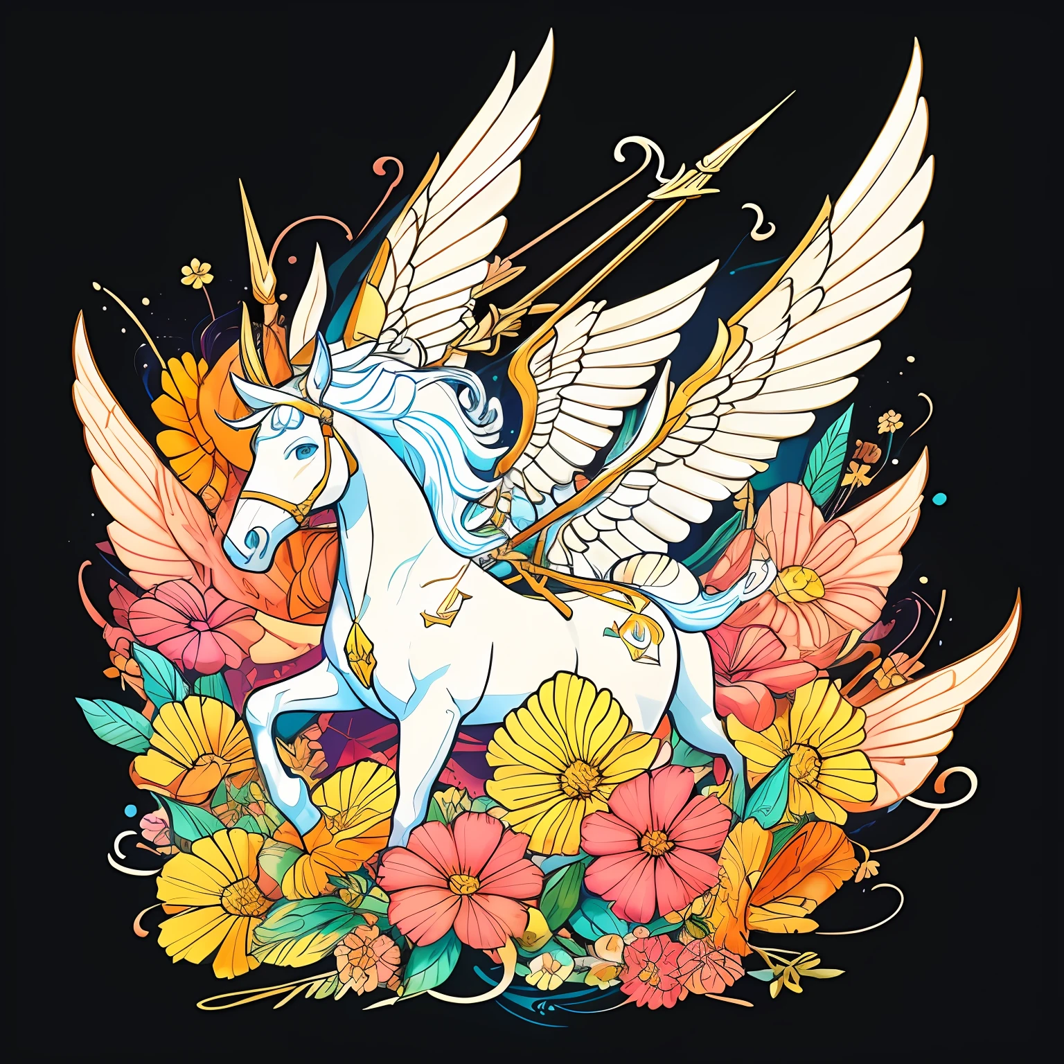 Detailed illustration of Sagittarius, flower splash, T-shirt design, Realistic vivid colors, vectorial art, adolable, Fantasy art, Love , Detailed watercolor effects, digital paint, Soft light, Panoramic view, Isometric style, retro aesthetic, Character focus, 4K 分辨率, No background, Realistic rendering, using Cinema 4D, isolated white background, LOGO style,