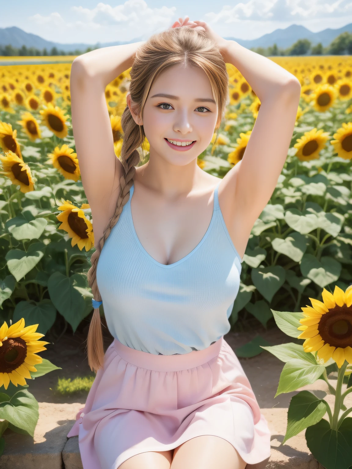 (top-quality、8K、32K、masterpiece)、blue-sky、sunflowers fields、Cheerful smile、raise arms、Armpit、Wink、a blond、 in Russian、cheerful girl、Beautiful blue eyes、summer dress、Clothes fluttering in the wind、Straight hair、Braiding、Highly detailed facial and skin texture、A detailed eye、Soft skin、beautidful eyes、The whole picture、Slouched、slightly larger breasts、Valley、large filesize、Pink and light blue clothes、White tank top or camisole、light yellow flared skirt