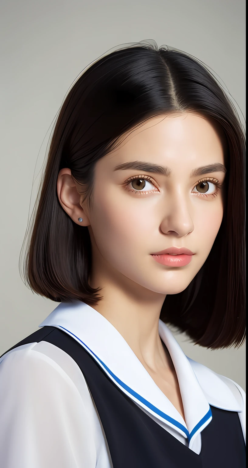 （Photorealism：1.4），（A masterpiece，Sideslit，Delicate and beautiful eyes：1.2），A masterpiece*sportrait，Realism，3D脸，Shiny eyes，Shiny hair，Radiant skin，Solo，embarressed，（Abdomen），Shelcomer tulle black-collared sailor suit，Black hair，Dark eyes，