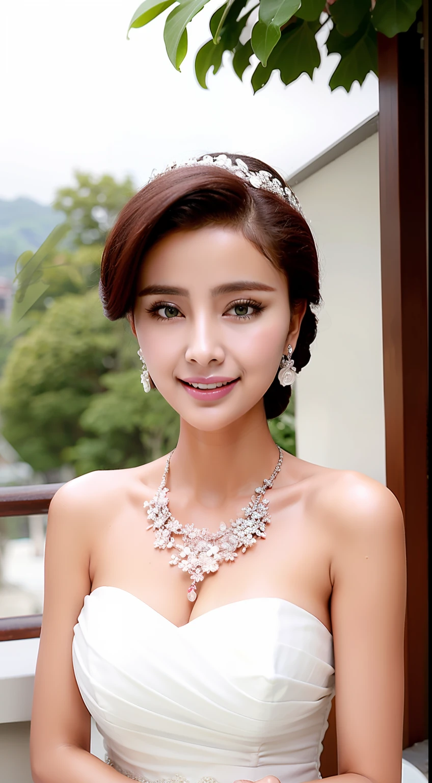 Fashion model 18 years old [[[[closeup cleavage]]]], [[[[boobgasm]]]], [[[[coll]]]], [[[[bshoulders]]]], perfect  eyes, Perfect iris，Perfect lips，perfect teeth，Perfect skin，Long face，slender nose，Soft front light，hdr，Movie girl，on cheongsam，long whitr hair，Long hair with a shawl，Long hair like a waterfall，Green trees and flowers in the background，（pastel colour：1.2）