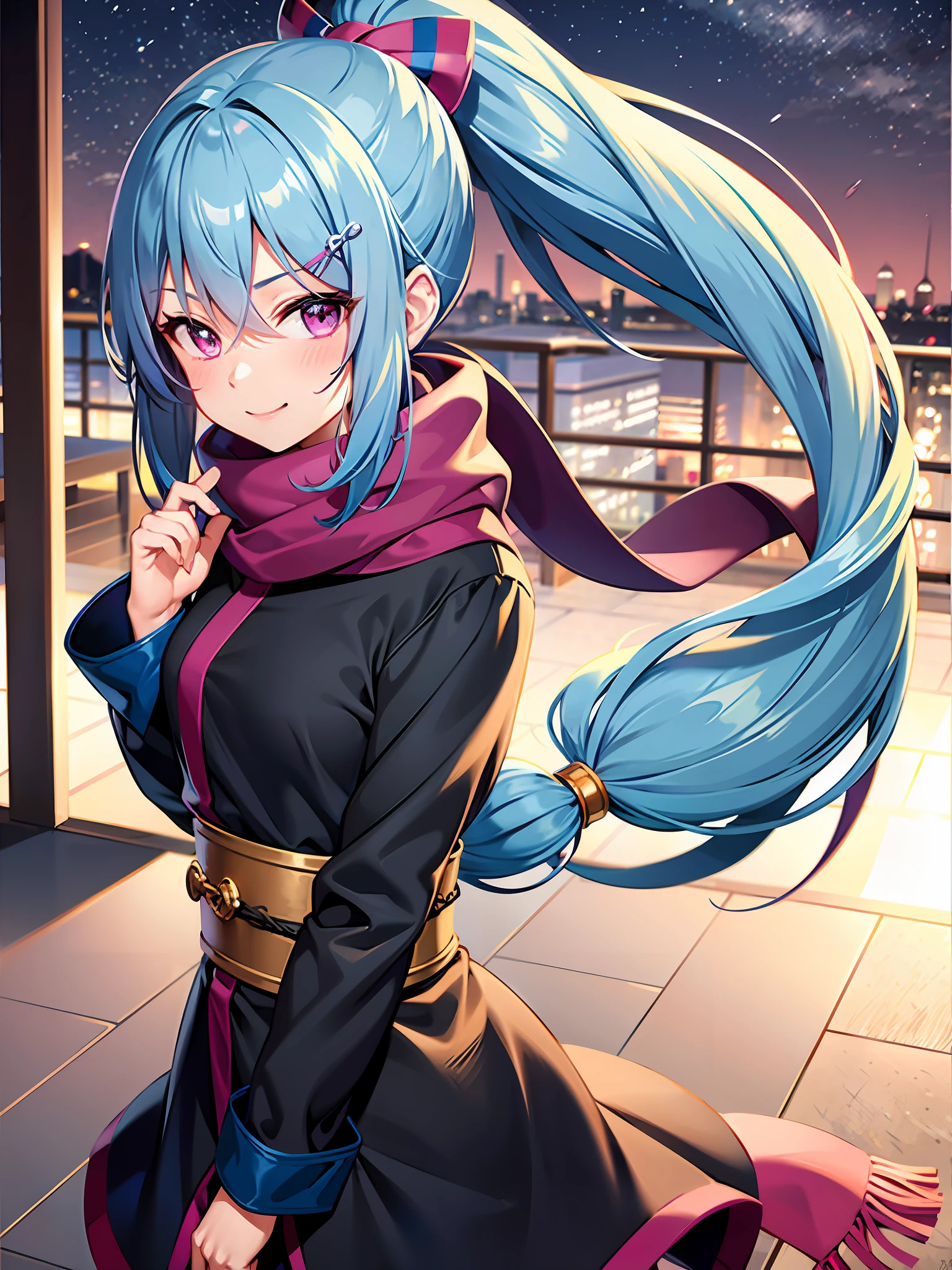 anime girl with blue hair, hair ornament, long hair, solo, hairclip, scarf, blush, ninja, night, ponytail, looking at viewer, purple eyes, smile