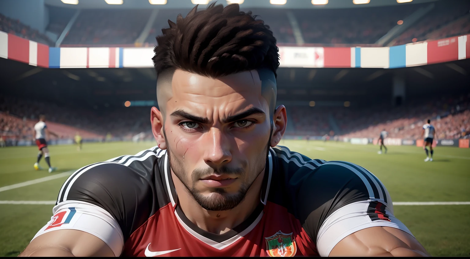Jogador de futebol gritando, rosto proximo.