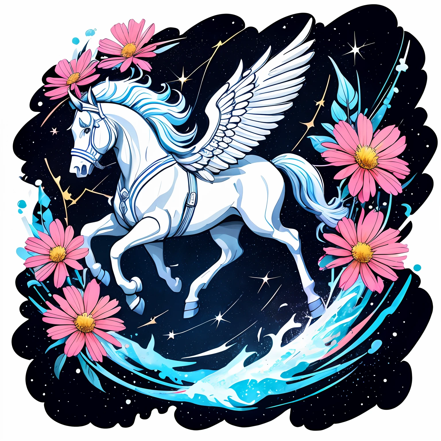 Detailed illustration of the constellation Rémy Sagittarius, flower splash, T-shirt design, Realistic vivid colors, vectorial art, adolable, Fantasy art, Love , Detailed watercolor effects, digital paint, Soft light, Panoramic view, Isometric style, retro aesthetic, Character focus, 4K 分辨率, No background, Realistic rendering, using Cinema 4D, isolated white background, LOGO style,