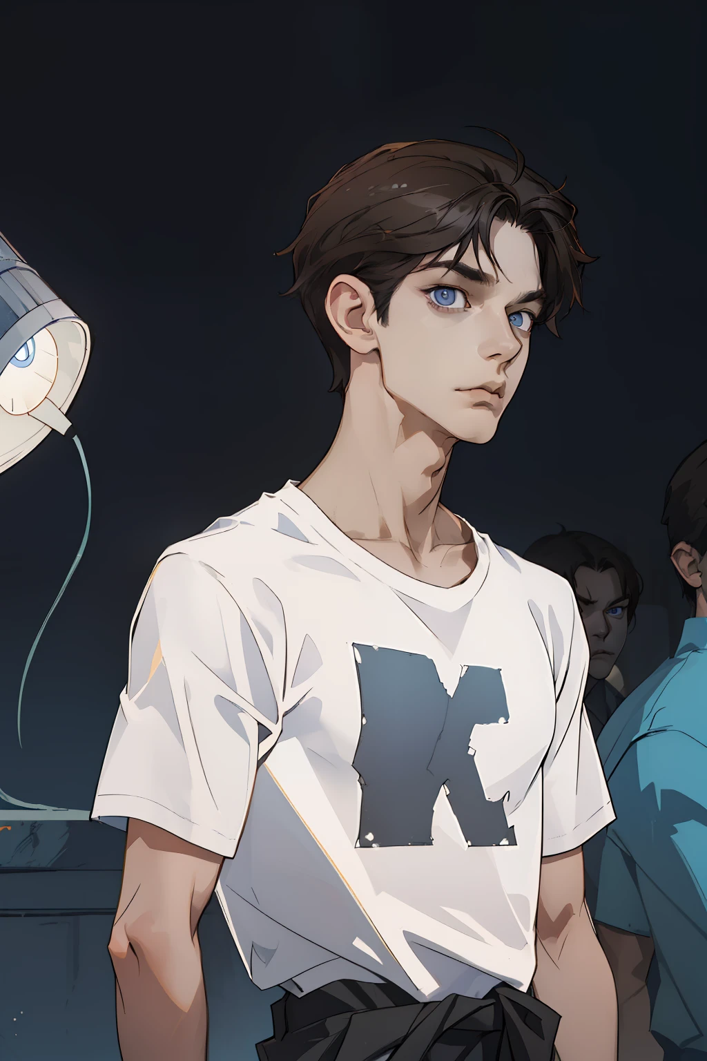 (absurdes, ah high, ultra detialed), ciberpunk, (1 male), 独奏, youth, Young guy, neutral colors, lean, skinny shoulders, beutiful, dark colored hair, Short Hair Hair, dark grey eyes, forehead, angular jaw, Thin neck, ciberpunk, upper-body, The entire upper body is visible, in a white T-shirt, aged, gaze at the viewer, Tired look, I just woke up, stands upright, You can see the entire upper body up to the waist