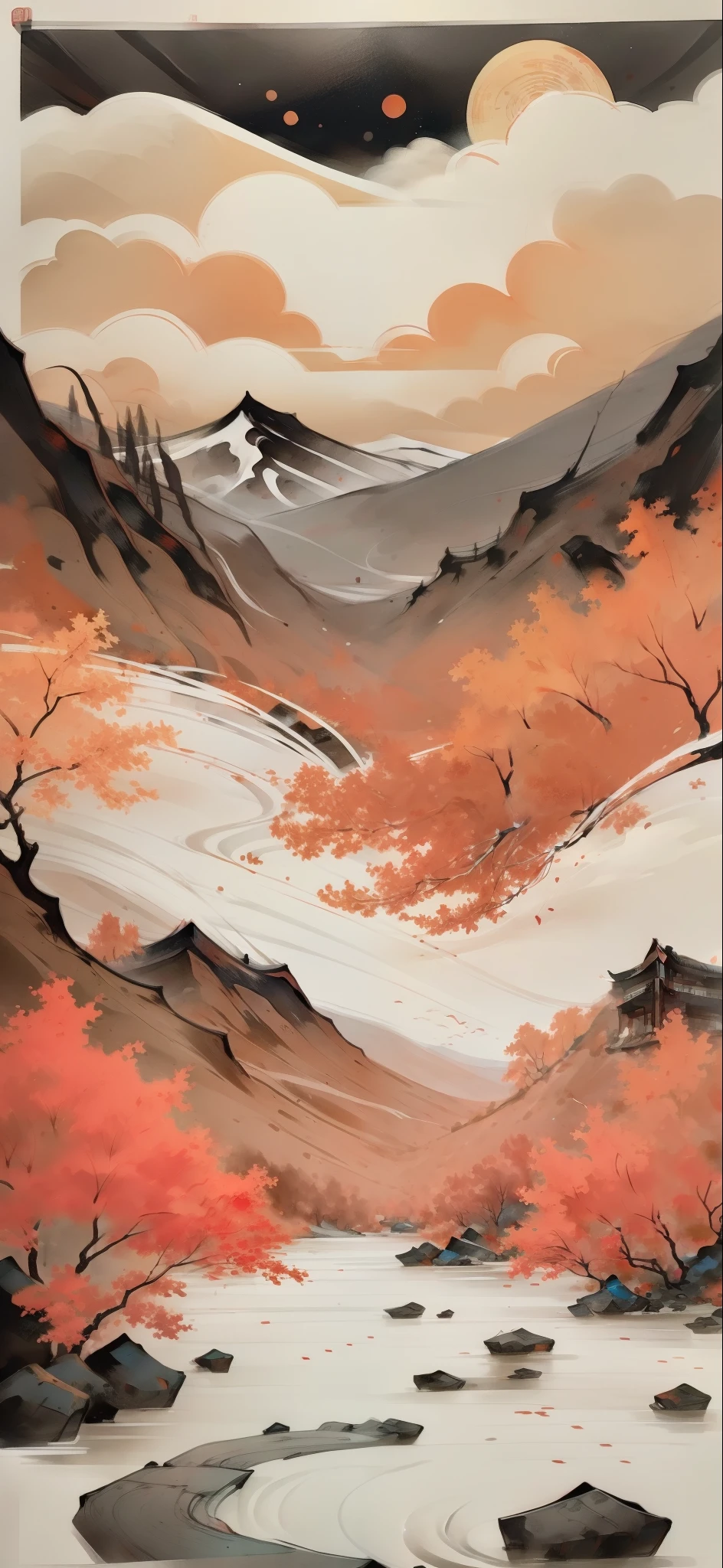 Poster design，Poster style，Sense of design，Ancient Chinese landscape painting，Mountains，maple leaves，Red and black color scheme，（Tree red,Lower right corner），Mountains and rivers black，Cloud，Bird，Spread the picture，Masterpieces，quality，8K，Line Style，Extreme stroke