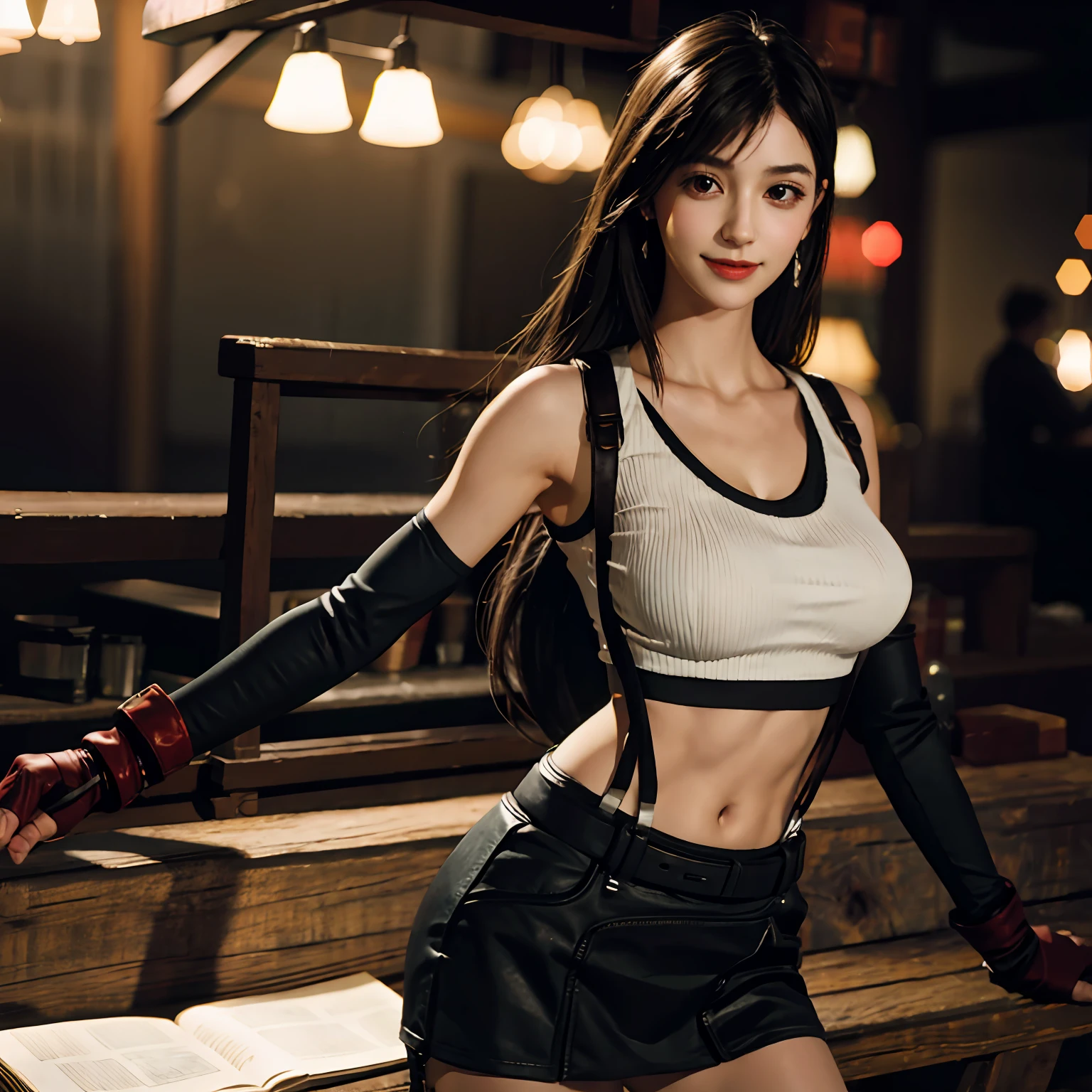 (Photorealistic: 1.4), top quality, very delicate and beautiful, high resolution, 1girl, tifa_lockhart, smile, cowboy shot, suspenders, low rise, mini skirt, tank top, tense shirt, black hair, long hair, elbow gloves, beautiful detailed red eyes, face light, movie lighting, navel, high exposure, abdomen exposure, ribs, abs, ( gigantic breasts: 1.2)