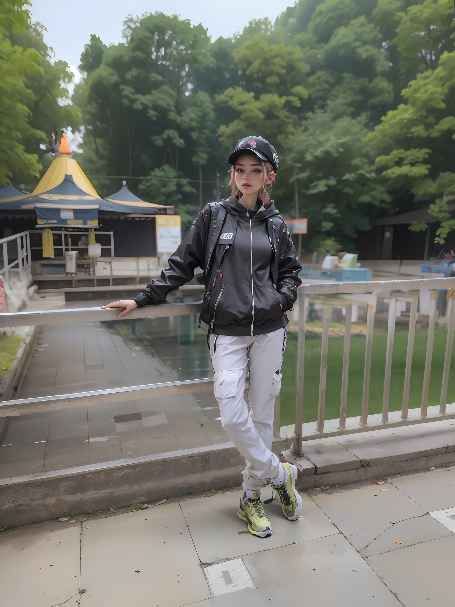 Beautiful woman medium hair, wearing cap, cyberpunk style short clothes syber punke , geming look, and realistic 8k ultra image