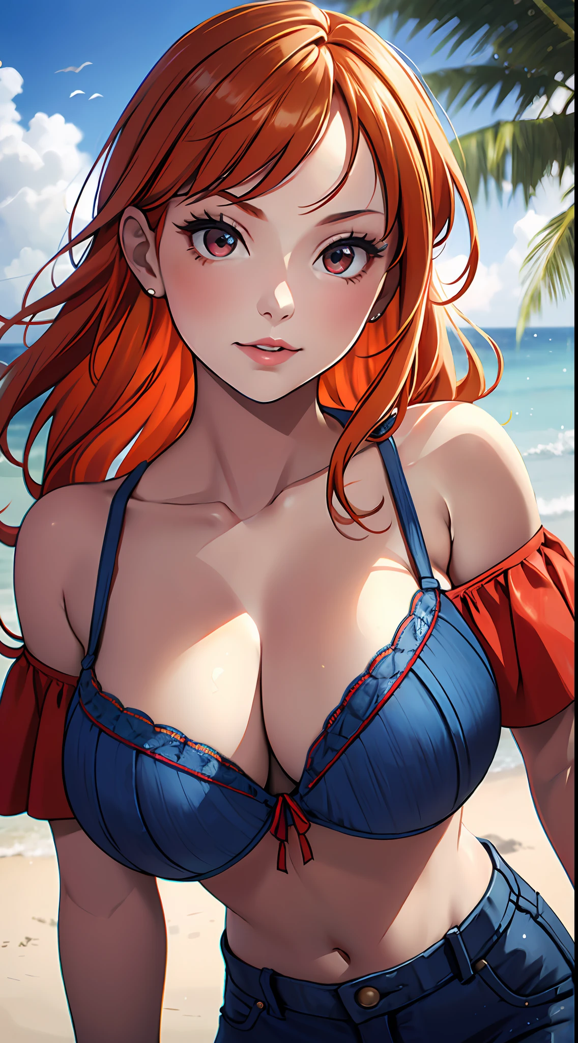 (tmasterpiece),one-girl,little breast,(Be red in the face),light-blonde hair,Redlip,cleavage,(Off-the-shoulder attire:1.2),(little breast),(Blue bra:1.3),Bust photo,looks into camera,sportrait,ssmile,denim pant,Fighting posture,sea beach,oranges,4k画质,The most beautiful face,White skin of the,Metallic clothing