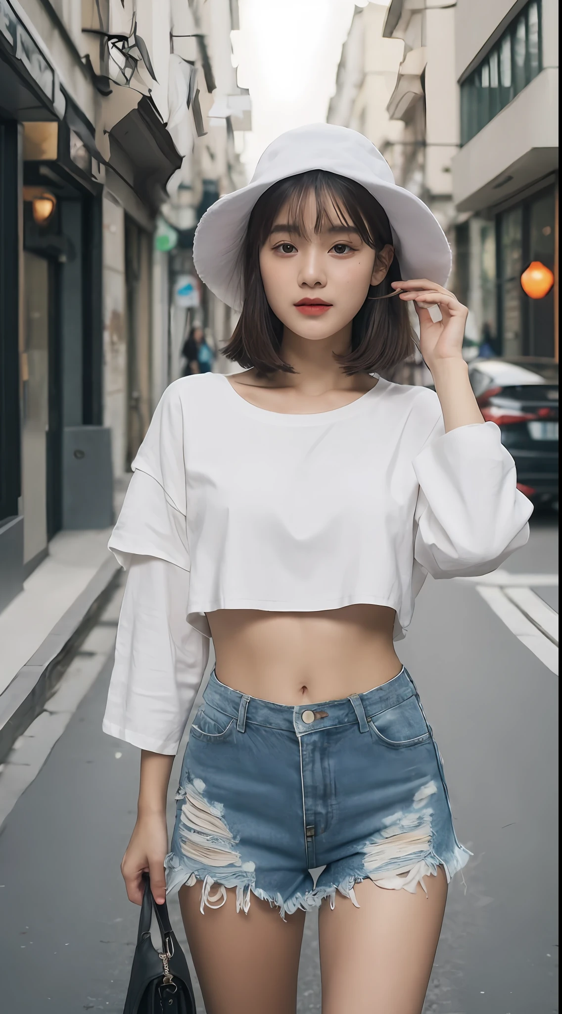 ((Best Quality, 8K, Masterpiece: 1.3)), (Flower Cap: 1.3), Focus: 1.2, Perfect Body Beauty: 1.4, (Layered Haircut: 1.2)), (Dark Street: 1.3), Highly Detailed Face and Skin Texture, Delicate Eyes, Double Eyelids, Whitened Skin, Long Hair, (Round Face: 1.5), (Loose Crop Top, Shorts: 1.6)