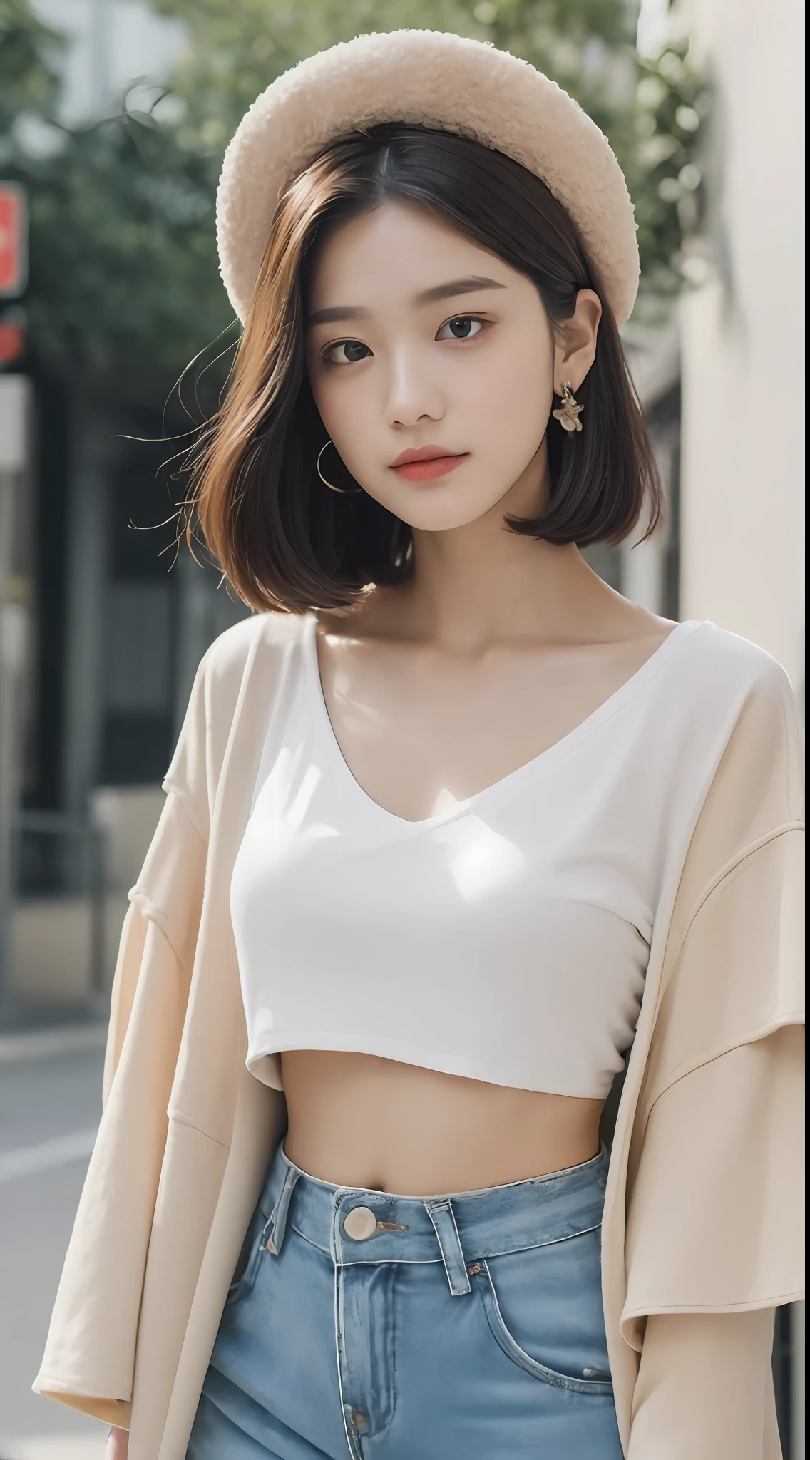 ((Best Quality, 8K, Masterpiece: 1.3)), (Flower Cap: 1.3), Focus: 1.2, Perfect Body Beauty: 1.4, (Layered Haircut: 1.2)), (Dark Street: 1.3), Highly Detailed Face and Skin Texture, Delicate Eyes, Double Eyelids, Whitened Skin, Long Hair, (Round Face: 1.5), (Loose Crop Top, Shorts: 1.6)