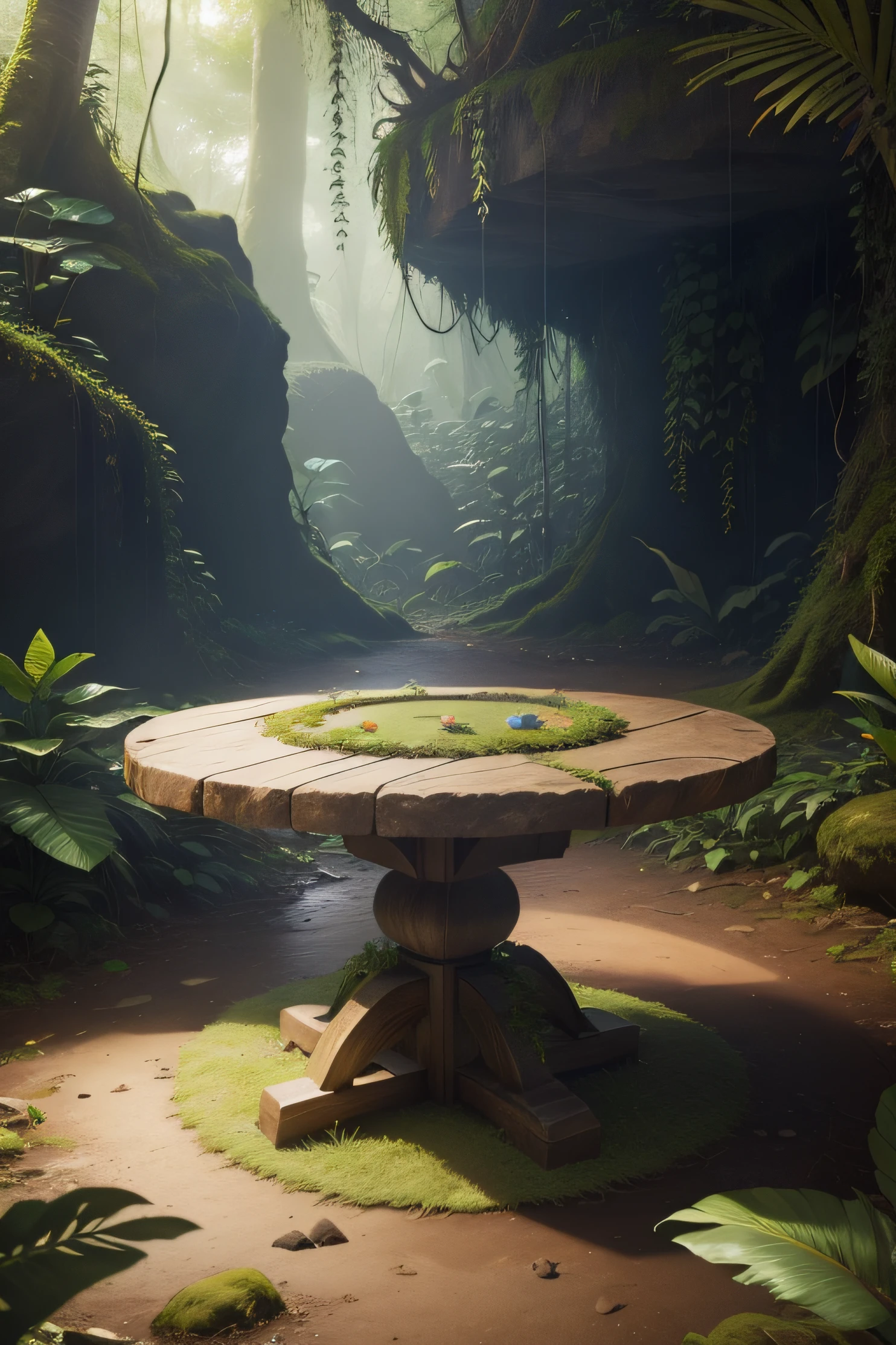 realistic image of a rainforest with a low round stone table in the center, no animals or people, 4K resolution and 950px X 2450px