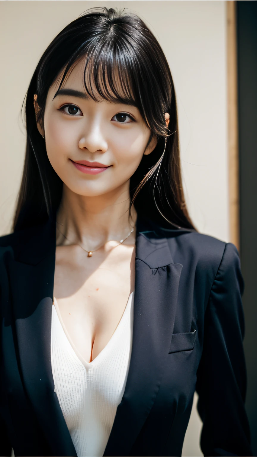 (top-quality、8K、32K、​masterpiece、nffsw:1.2)、Photos of pretty Japan women、(详细的脸:1.1)、Simple black suit、looking at the viewers、The upper part of the body、a necklace、Medium chest、A smile, Emphasis on the chest