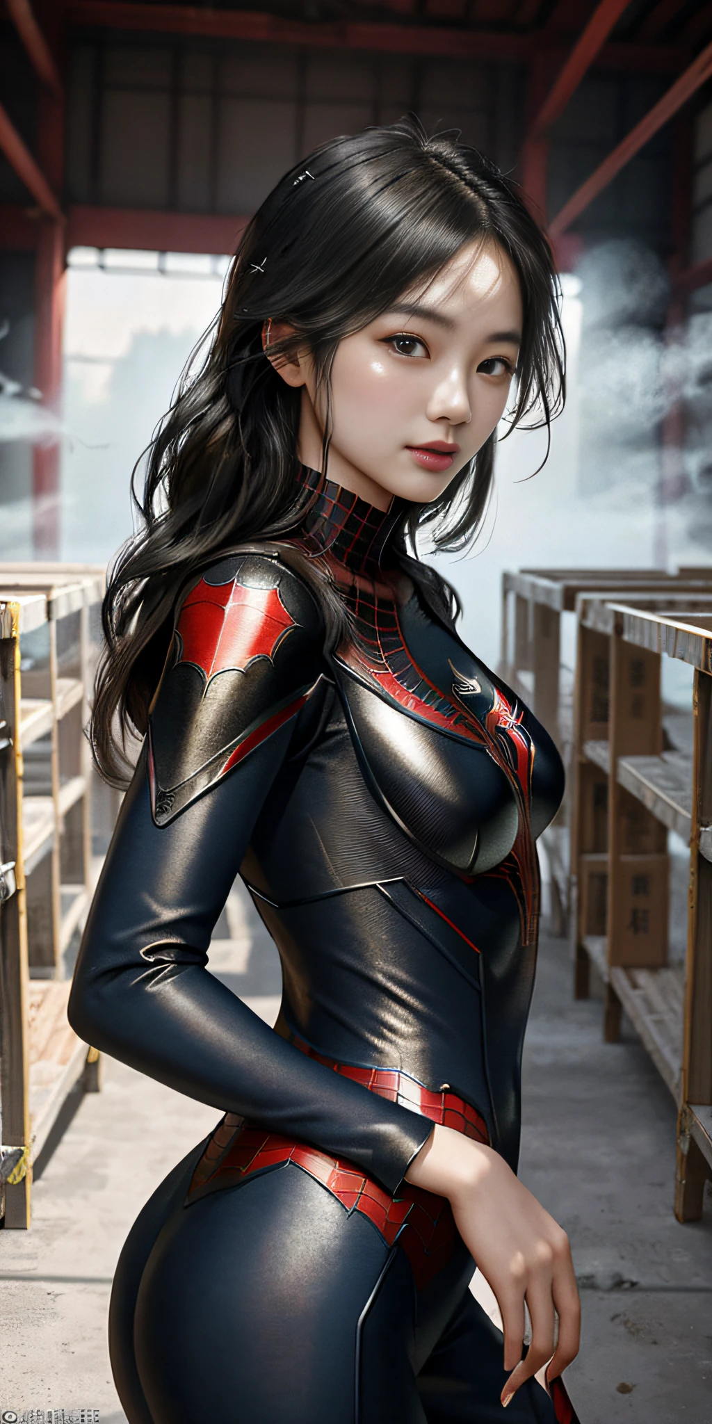(1girll:1.3), 独奏, (((very vey very detailed face))),((very detailed eyes and faces))),beatiful detailed eyes,Unified 8k wallpaper,ultra-detailliert,Beautiful and beautiful,big breasts beautiful,tmasterpiece,best qualtiy,primitive,tmasterpiece,ultra fine photos,best qualtiy,超高分辨率,photorealistic realism,rays of sunshine,full-body portraits,stunningly beautiful,,dynamicposes,delicated face,Vibrant eyes,(From the front side), she is in a spider-man suit,Red and black color scheme,arachne,Very detailed abandoned warehouse background,详细的脸,detailed complex busy background,Untidy,opulent,highly detailedskin,Realistic details of skin,Visible pores,Clear focus,volume fog,8K UHD,digital SLR camera,high qulity,photo-realism,smallunderboob