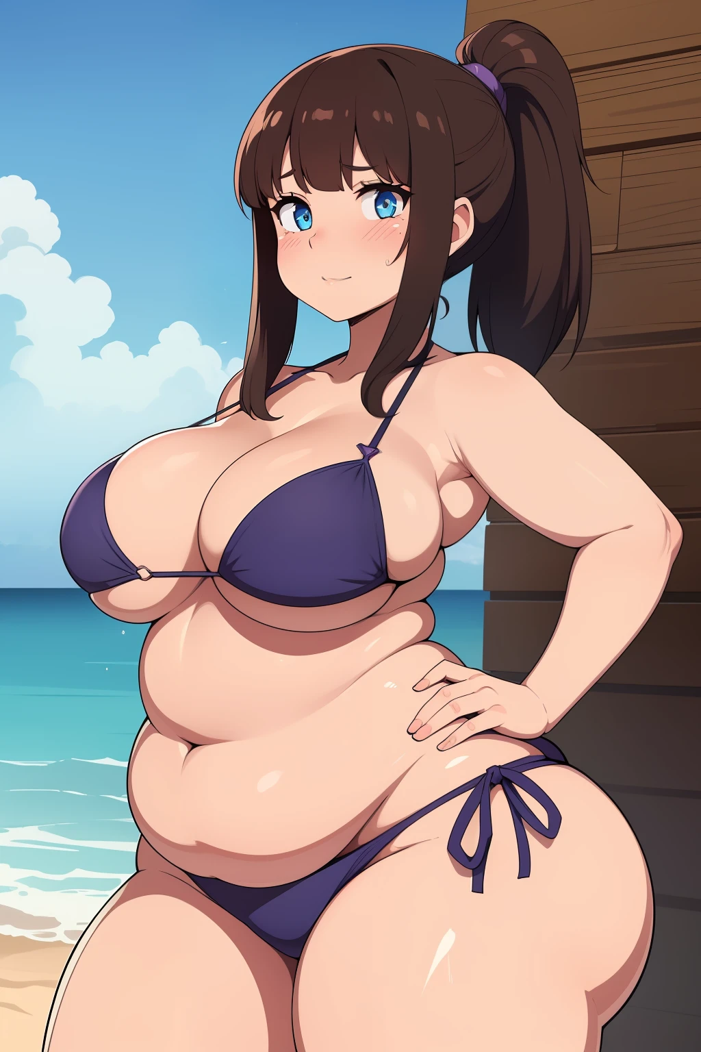 ((kipteitei)), ((masterpiece)), (((best quality))), ((ultra-detailed)), (((illustration))), detailed face, ultra cute face, detailed body, ((Line art)), (in the style of cell shaded), (vivid colors), skindentation, ((1girl)), ((solo)), medium hair, brown hair, blue eyes, ponytail, purple side tie bikini, undersized bikini, hand on hip, wet, looking at viewer, cowboy shot, (blushing), shy, standing on beach, medium breasts, perky breasts, ((wide hips)), (((thick thighs))), thicc, ((fat ass)), (pudgy), (fat folds),