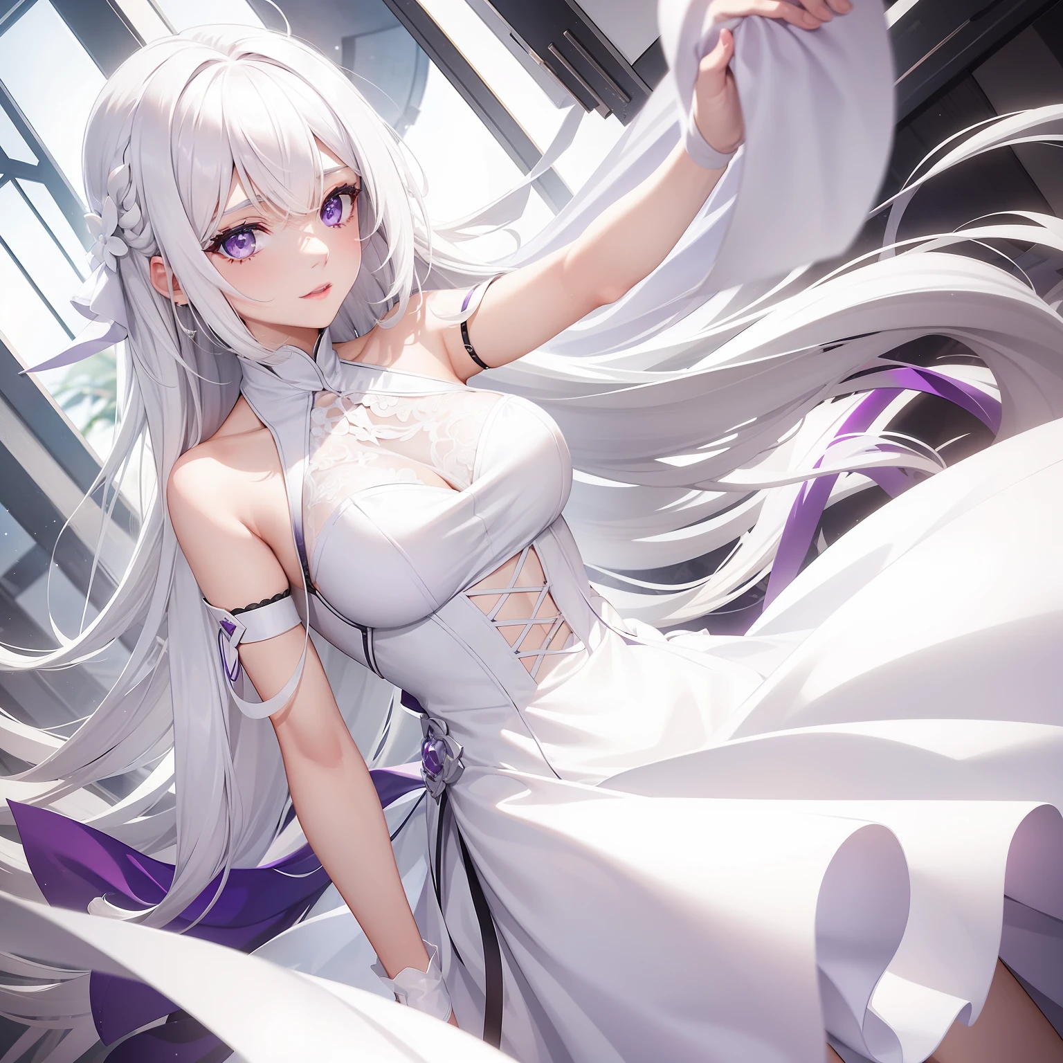 a women, white hair, purple eyes, white dress